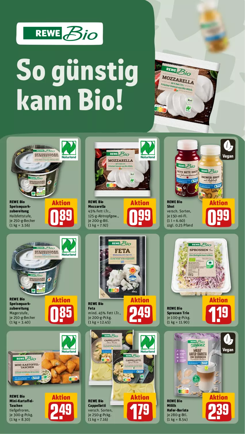 Aktueller Prospekt Rewe - Prospekte - von 29.07 bis 03.08.2024 - strona 12 - produkty: Becher, bio, Cap, eis, elle, feta, hafer, kartoffel, Kartoffeltaschen, mozzarella, quark, rel, rewe bio, speisequark, Tasche, taschen, Ti