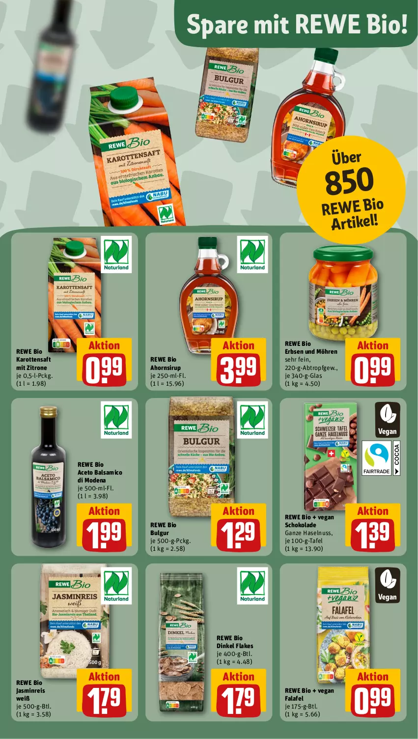 Aktueller Prospekt Rewe - Prospekte - von 29.07 bis 03.08.2024 - strona 13 - produkty: aceto, aceto balsamico, balsam, balsamico, bio, bulgur, eis, erbsen, Falafel, flakes, haselnuss, karotten, LG, Mode, möhren, nuss, reis, rewe bio, saft, schoko, schokolade, sirup, Ti, zitrone