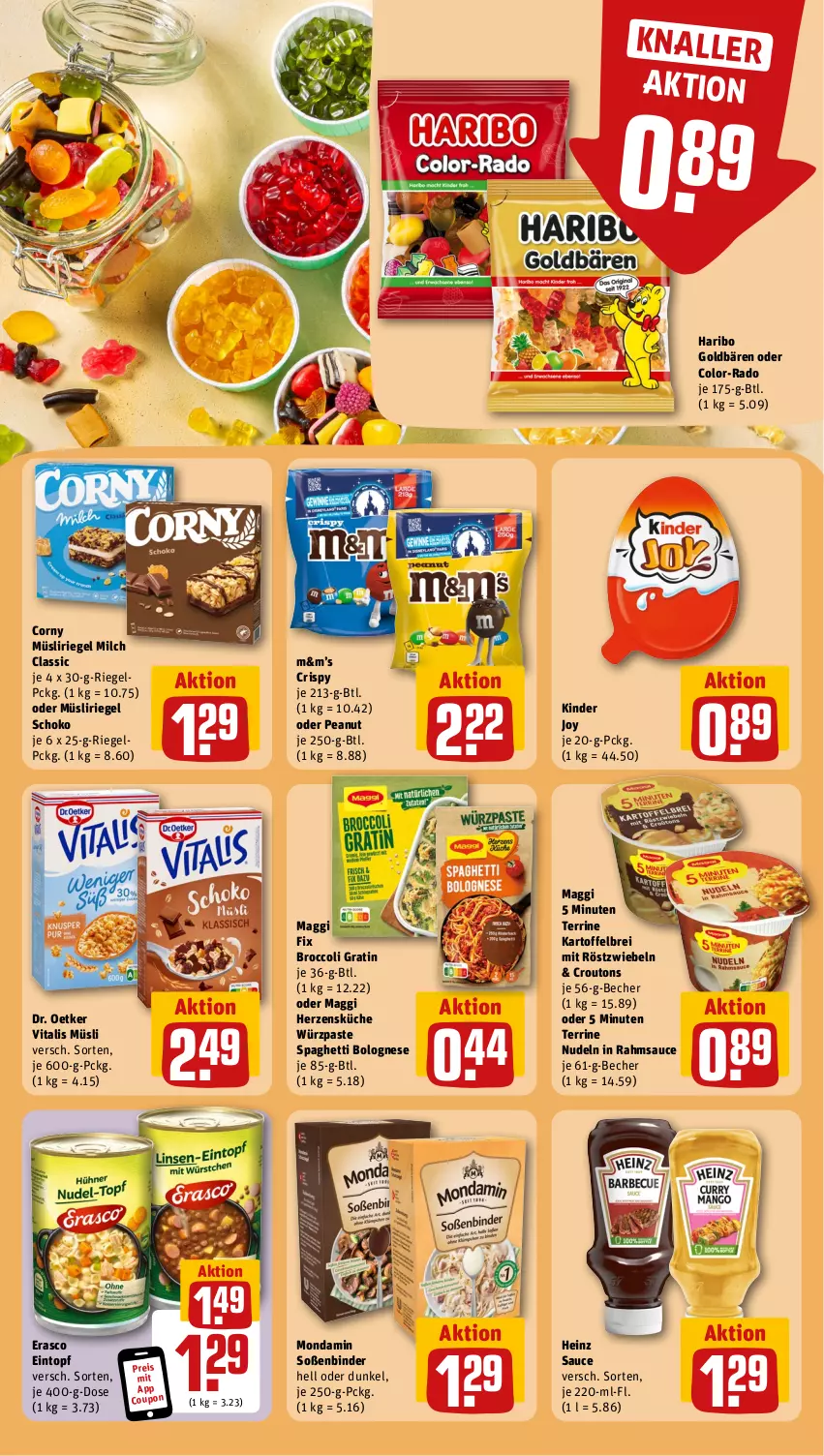 Aktueller Prospekt Rewe - Prospekte - von 29.07 bis 03.08.2024 - strona 14 - produkty: Becher, bolognese, Brei, broccoli, corny, coupon, croutons, Dr. Oetker, eintopf, eis, erasco, goldbären, haribo, heinz, kartoffel, kartoffelbrei, Kinder, küche, maggi, maggi fix, milch, mit röstzwiebeln, mondamin, müsli, Müsliriegel, nudel, nudeln, reis, riegel, röstzwiebeln, sauce, schoko, Soße, spaghetti, spaghetti bolognese, terrine, Ti, topf, vita, vitalis, vitalis müsli, zwiebel, zwiebeln