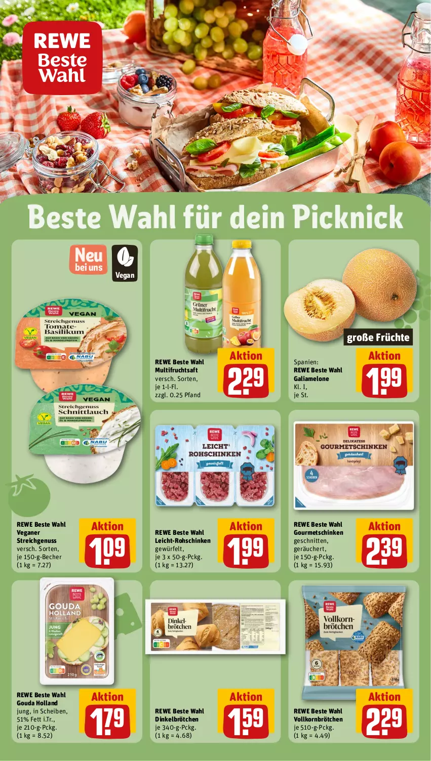 Aktueller Prospekt Rewe - Prospekte - von 29.07 bis 03.08.2024 - strona 15 - produkty: Becher, brötchen, dinkelbrötchen, frucht, früchte, fruchtsaft, galiamelone, gouda, korn, melone, nuss, rewe beste wahl, rohschinken, saft, schinken, schnitten, Ti, würfel