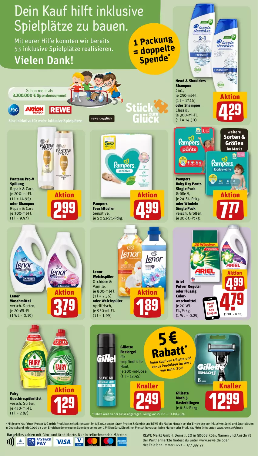 Aktueller Prospekt Rewe - Prospekte - von 29.07 bis 03.08.2024 - strona 16 - produkty: ariel, Bau, coupon, eis, fairy, feuchttücher, geschirr, geschirrspülmittel, gillette, lenor, lenor waschmittel, lenor weichspüler, lion, mac, orchidee, pampers, pampers baby dry, pantene, pantene pro-v, Pants, pril, pro-v, rasiergel, Rasierklinge, rasierklingen, reis, shampoo, Sport, spülmittel, spülung, telefon, Ti, tücher, vanille, venus, waschmittel, weichspüler, windeln