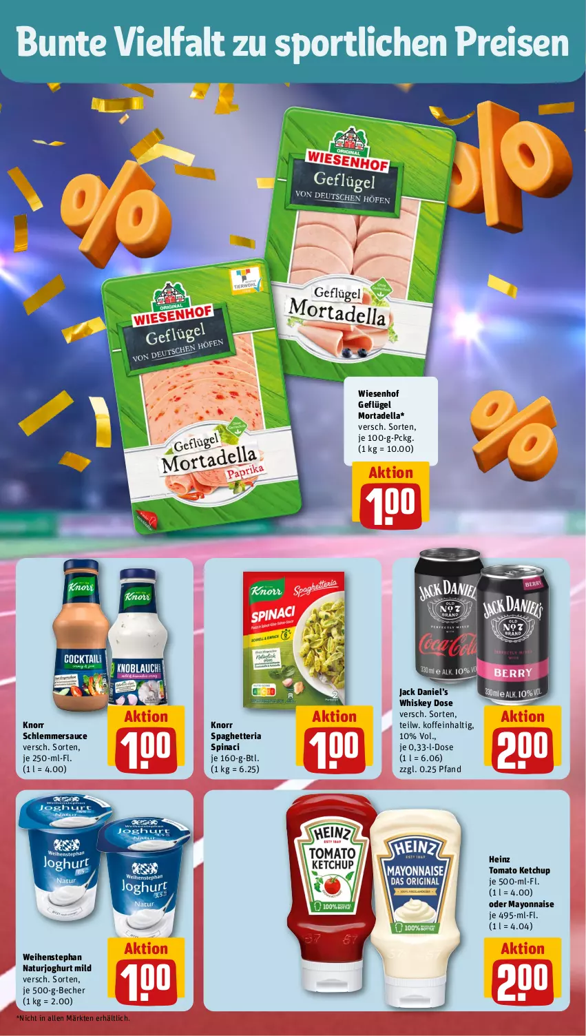 Aktueller Prospekt Rewe - Prospekte - von 29.07 bis 03.08.2024 - strona 4 - produkty: Becher, dell, eis, Geflügel, heinz, jack daniel, Jack Daniel’s, joghur, joghurt, joghurt mild, ketchup, knorr, mayonnaise, mortadella, natur, naturjoghurt, reis, Ria, sauce, schlemmersauce, Sport, Ti, tomato ketchup, weihenstephan, whiskey, wiesenhof, Yo