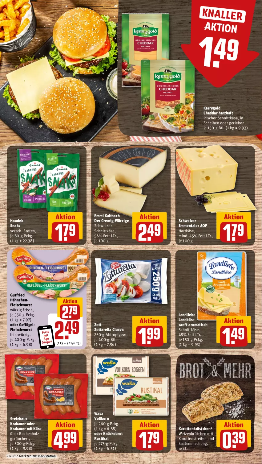 Aktueller Prospekt Rewe - Prospekte - von 29.07 bis 03.08.2024 - strona 9 - produkty: auer, brot, brötchen, buch, cheddar, coupon, eis, emmentaler, emmi, fleisch, fleischwurst, Geflügel, gutfried, Hähnchenfleisch, hartkäse, Holz, houdek, karotten, Käse, kerrygold, knäckebrot, korn, krakauer, landkäse, landliebe, ndk, reifen, reis, rel, schnittkäse, schweizer schnittkäse, steinhaus, Ti, tisch, wasa, weizenbrötchen, wurst, zott, zottarella