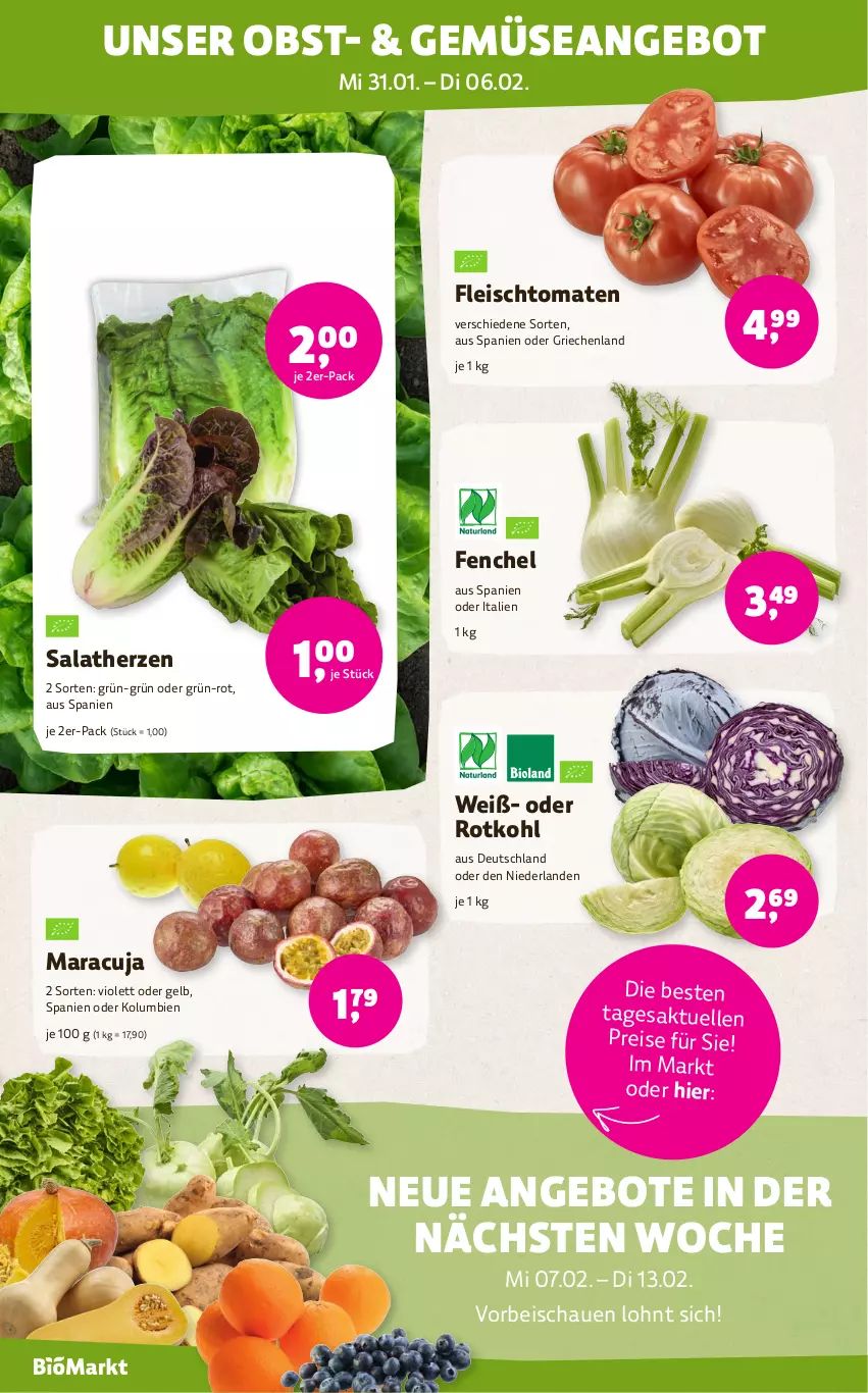 Aktueller Prospekt Denns Biomarkt - von 31.01 bis 13.02.2024 - strona 2 - produkty: angebot, angebote, eis, elle, fenchel, fleisch, maracuja, obst, reis, rotkohl, salat, salatherzen, tomate, tomaten