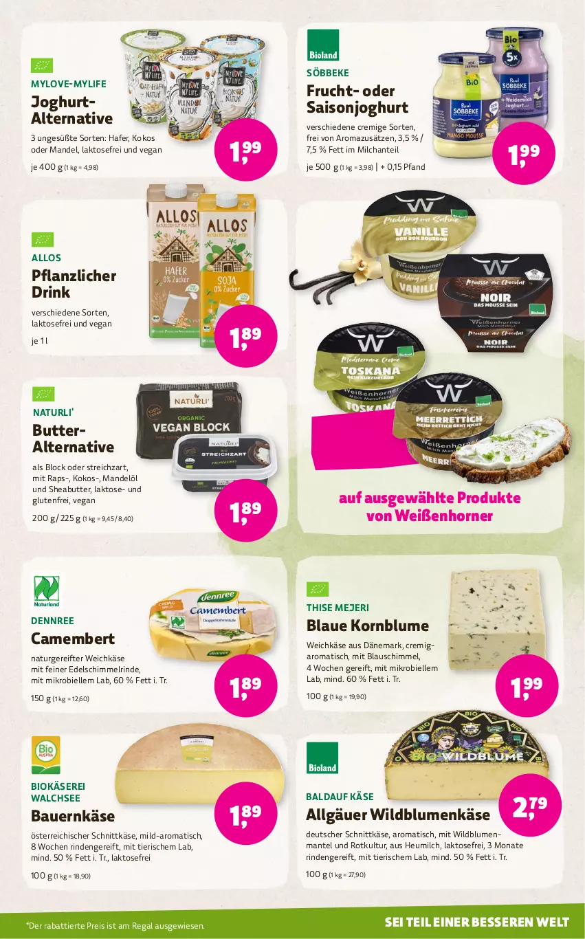 Aktueller Prospekt Denns Biomarkt - von 31.01 bis 13.02.2024 - strona 3 - produkty: auer, Bau, Bauer, bio, blume, blumen, butter, camembert, dennree, deutscher schnittkäse, drink, eis, elle, frucht, hafer, Heu, heumilch, joghur, joghurt, Käse, kokos, korn, LG, mandel, Mandelöl, Mantel, milch, natur, österreichischer schnittkäse, regal, reis, rind, schnittkäse, Sheabutter, söbbeke, Streichzart, Ti, tisch, weichkäse, Wild, Wildblumenkäse