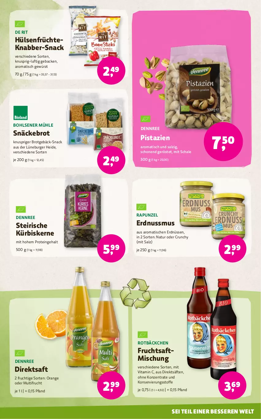 Aktueller Prospekt Denns Biomarkt - von 31.01 bis 13.02.2024 - strona 7 - produkty: brot, burger, dennree, direktsaft, erdnuss, erdnüsse, erdnüssen, frucht, früchte, fruchtsaft, geback, gewürz, hülsenfrüchte, Kürbis, kürbiskerne, natur, nuss, orange, pistazien, saft, säfte, salz, Schal, Schale, senf, snack, Ti, tisch, vita, Vitamin C