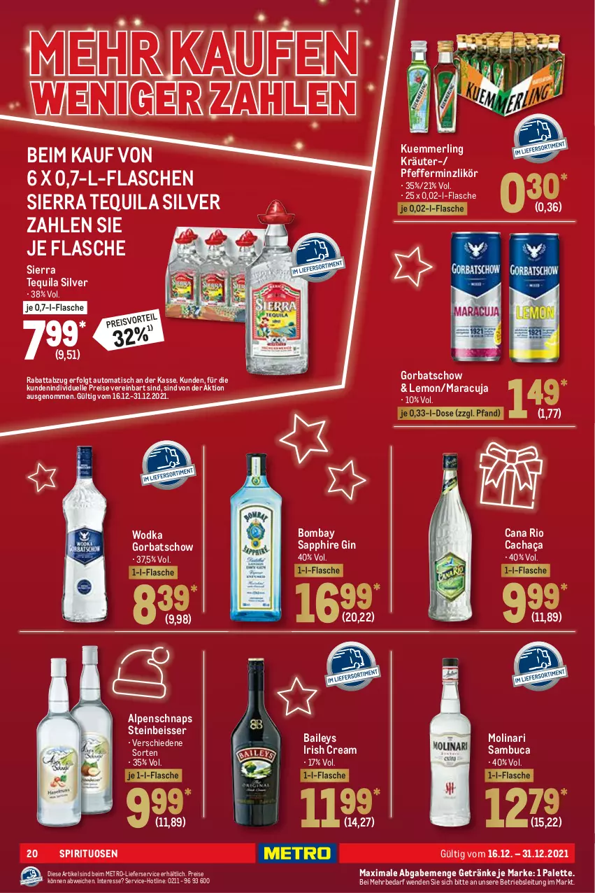 Aktueller Prospekt Metro - GastroJournal - von 16.12 bis 31.12.2021 - strona 20 - produkty: auto, baileys, bombay sapphire, cachaça, Cana Rio, eis, elle, flasche, getränk, getränke, gin, Gorbatschow, irish cream, kräuter, kuemmerling, LG, lieferservice, likör, maracuja, merl, Metro, Molinari, Palette, pfeffer, pfefferminzlikör, reis, sambuca, sapphire, Sierra, sierra tequila, spirituosen, tequila, Ti, tisch, wodka