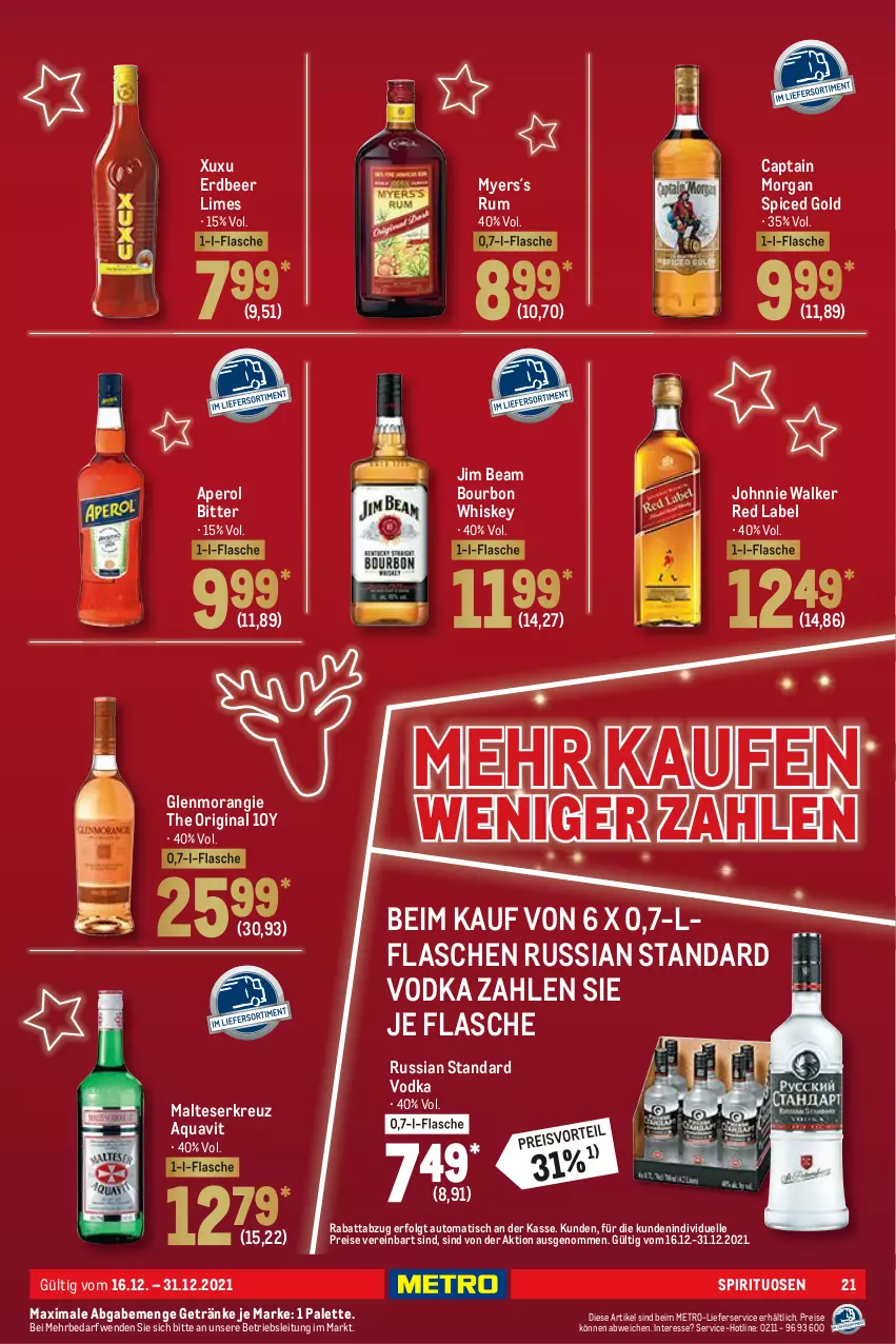 Aktueller Prospekt Metro - GastroJournal - von 16.12 bis 31.12.2021 - strona 21 - produkty: aperol, aqua, aquavit, auto, bourbon, bourbon whiskey, Cap, captain morgan, eis, elle, flasche, getränk, getränke, gin, jim beam, johnnie walker, LG, lieferservice, malteser, Metro, Palette, reis, rum, russian standard, spirituosen, Ti, tisch, vodka, whiskey