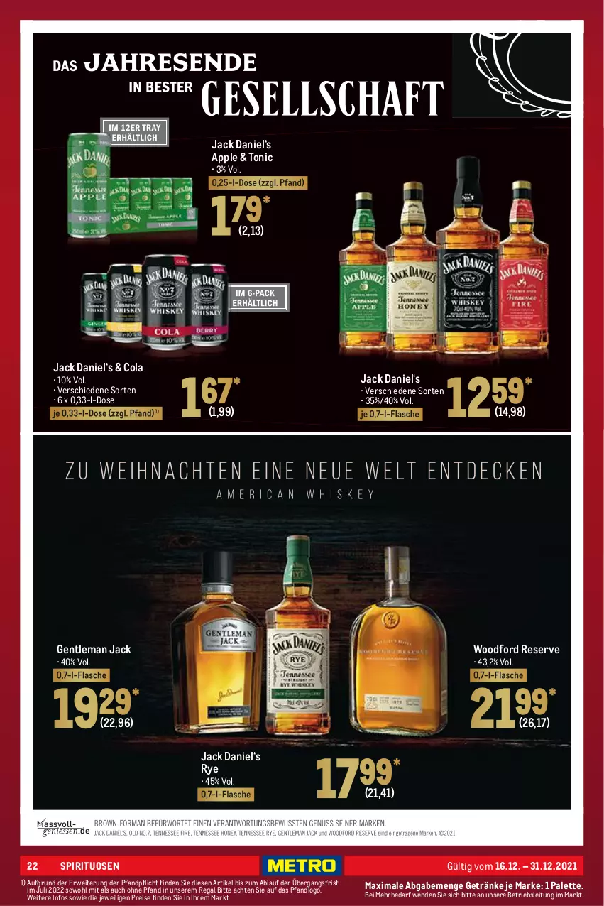 Aktueller Prospekt Metro - GastroJournal - von 16.12 bis 31.12.2021 - strona 22 - produkty: Apple, cola, eis, flasche, getränk, getränke, jack daniel, Palette, regal, reis, rwe, spirituosen, Ti, tonic