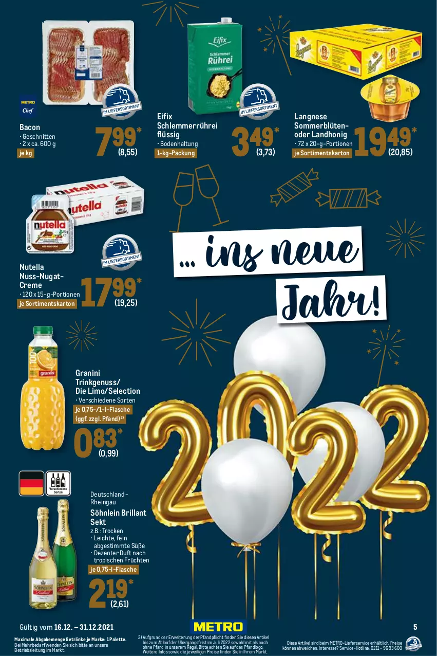 Aktueller Prospekt Metro - GastroJournal - von 16.12 bis 31.12.2021 - strona 5 - produkty: bacon, Blüte, brillant sekt, creme, eis, ente, flasche, früchte, früchten, getränk, getränke, granini, honig, langnese, lieferservice, limo, Metro, nuss, nutella, Palette, regal, reis, rwe, schnitten, sekt, söhnlein, söhnlein brillant, Ti