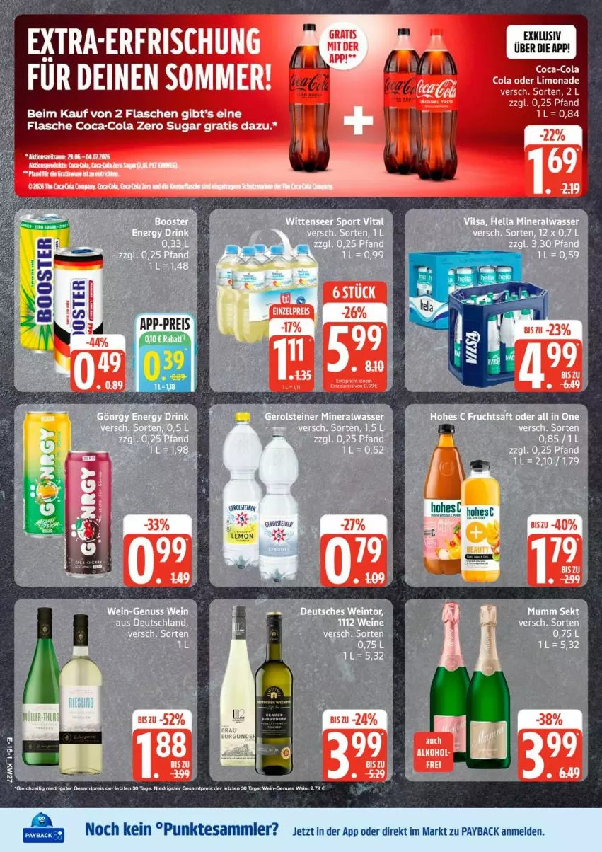 Aktueller Prospekt Edeka - Prospekte - von 29.06 bis 04.07.2026 - strona 17 - produkty: coca-cola, cola, eis, flasche, limo, limonade, nuss, payback, reis, tesa, Ti, wein, ZTE