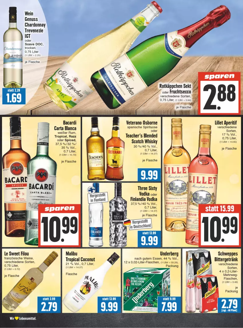 Aktueller Prospekt E Center - Angebote der Woche - von 18.09 bis 23.09.2023 - strona 14 - produkty: aperitif, bacardi, chardonnay, coconut, drink, ecco, flasche, frucht, fruchtsecco, getränk, lebensmittel, lillet, Malibu, nuss, osborne, rotkäppchen, rwe, schweppes, scotch, scotch whisky, sekt, Three Sixty, Ti, underberg, veterano, vodka, wein, weine, whisky