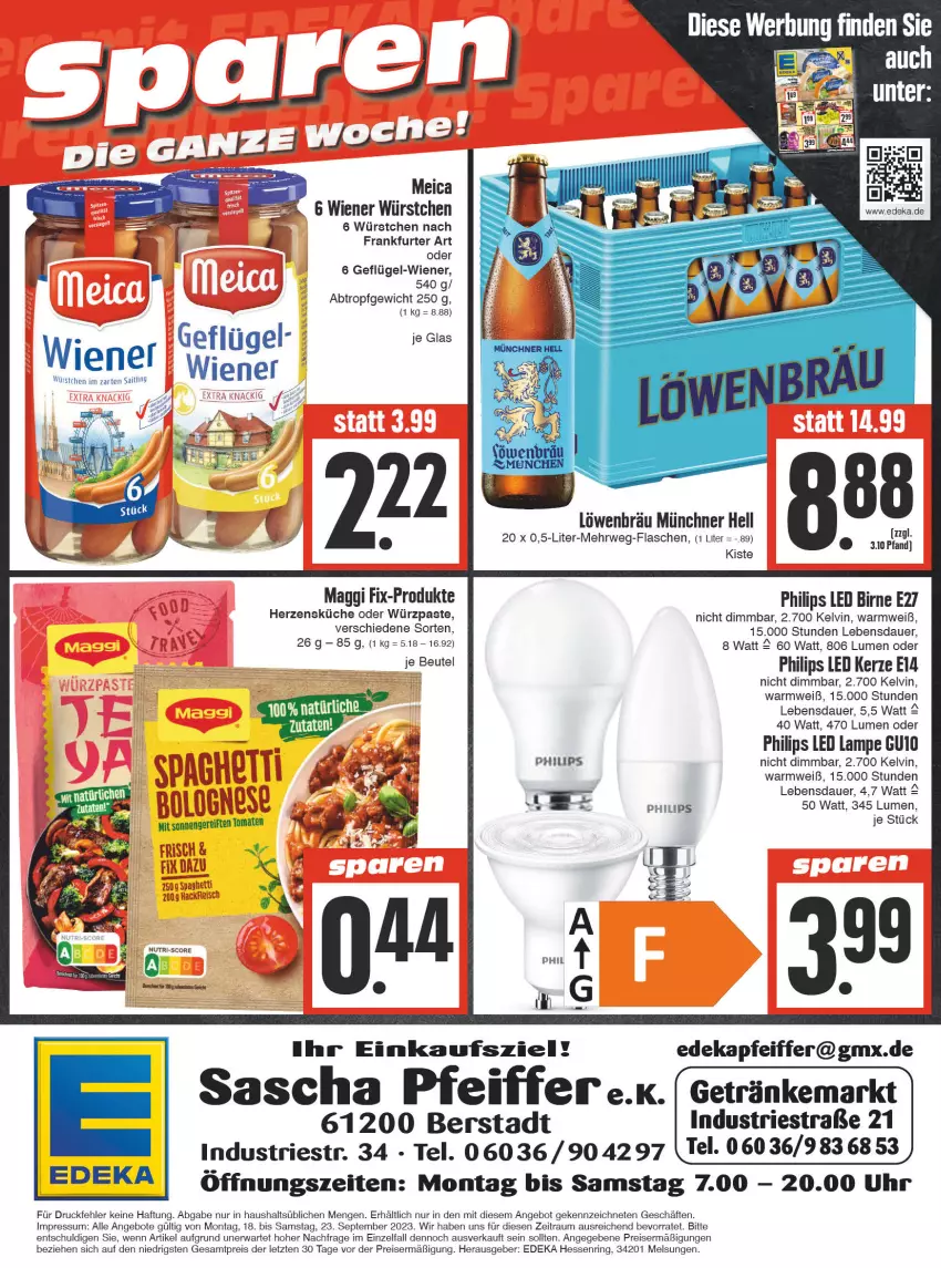 Aktueller Prospekt E Center - Angebote der Woche - von 18.09 bis 23.09.2023 - strona 16 - produkty: angebot, angebote, auer, beutel, deka, eis, flasche, fleisch, frankfurter, Geflügel, getränk, getränke, hackfleisch, im zarten saitling, kerze, küche, Lampe, LED Lampe, meica, Philips, reis, ring, rwe, spaghetti, Ti, tomate, tomaten, uhr, wiener, wiener würstchen, würstchen, ZTE