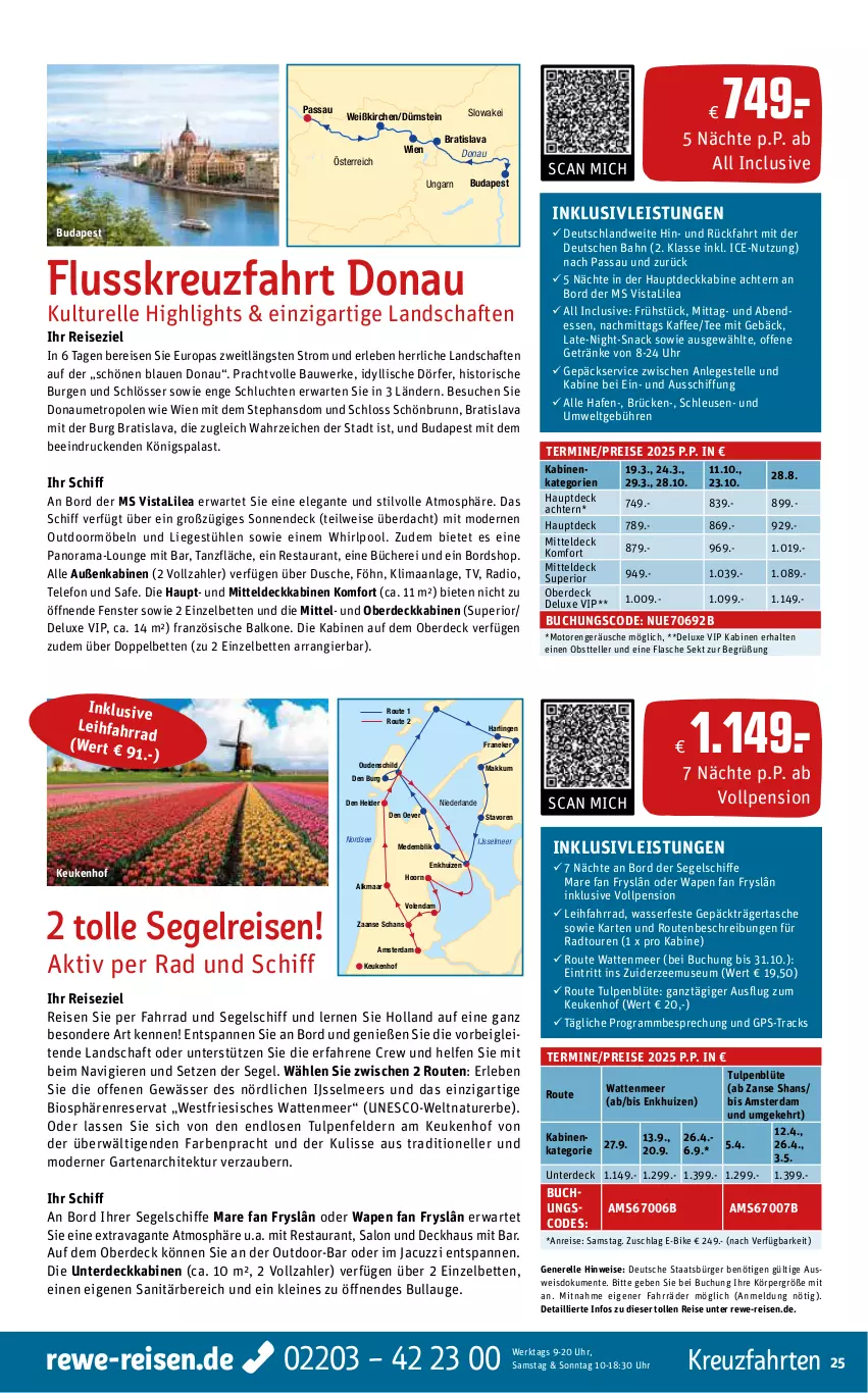 Aktueller Prospekt Rewe Reisen - Reiseprospekt - von 25.09 bis 25.10.2024 - strona 25 - produkty: akku, Bau, bett, Betten, bio, Blüte, buch, dusche, E-Bike, eis, elle, ente, erde, Fahrrad, fenster, flasche, Garten, getränk, getränke, GPS, inklusivleistungen, kaffee, kreuzfahrten, leine, Liege, Liegestühl, Metro, möbel, Mode, natur, Nordsee, obst, pool, Radio, rama, reis, rel, sekt, snack, Stühl, Tasche, tee, telefon, teller, Ti, uhr, wasser, Whirlpool