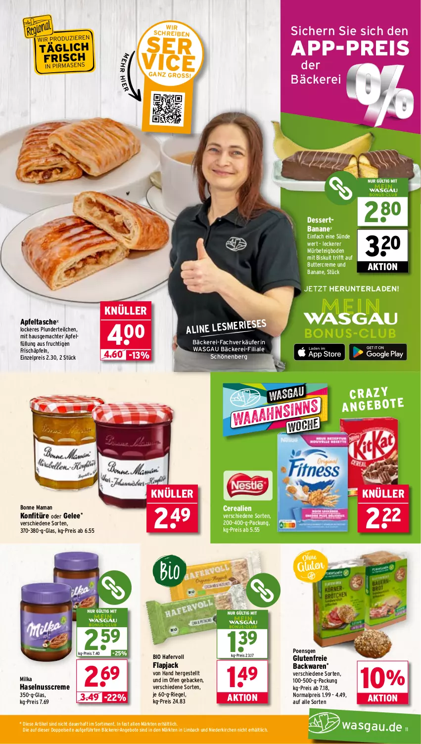 Aktueller Prospekt Wasgau - von 04.08 bis 09.08.2025 - strona 11 - produkty: angebot, angebote, apfel, Apfeltasche, auer, backwaren, banane, bio, bonne maman, butter, cerealien, creme, dessert, eis, frucht, geback, gelee, hafer, haselnuss, Haselnusscreme, konfitüre, mac, mam, milka, nuss, Ofen, Plunder, reis, riegel, Tasche, Ti
