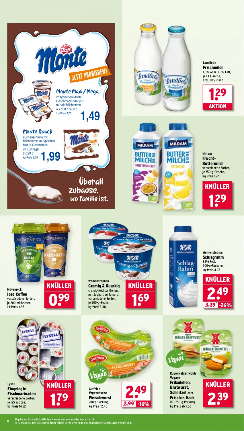 Aktueller Prospekt Wasgau - von 04.08 bis 09.08.2025 - strona 12 - produkty: angebot, Becher, bratwurst, butter, buttermilch, creme, dell, eis, elle, fisch, flasche, fleisch, fleischwurst, frikadellen, frucht, gutfried, joghur, joghurt, kuchen, Kuchenschnitte, kühlregal, landliebe, lysell, mac, marinade, milch, milram, monte, mövenpick, nuss, quark, Quarki, regal, reis, rügenwalder, rügenwalder mühle, schlagrahm, schnitzel, snack, Ti, Vegeta, weihenstephan, wurst