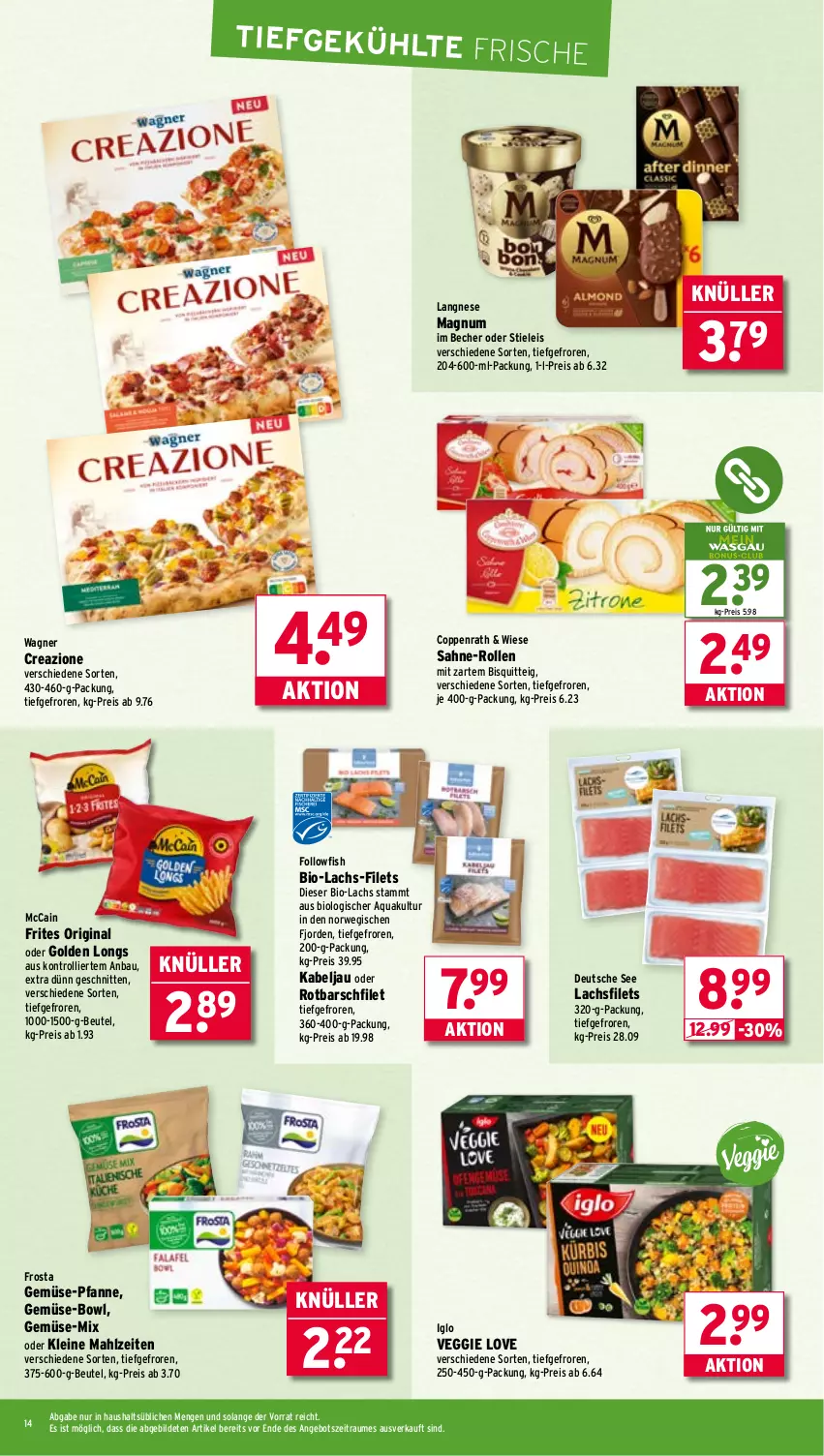 Aktueller Prospekt Wasgau - von 04.08 bis 09.08.2025 - strona 14 - produkty: angebot, aqua, Bau, Becher, beutel, bio, coppenrath, eis, filet, filets, followfish, frosta, gemüse-pfanne, gin, Golden Longs, iglo, lachs, lachsfilet, lachsfilets, langnese, leine, magnum, mccain, pfanne, reis, Rotbarsch, rotbarschfilet, rwe, sahne, schnitten, stieleis, Ti, trolli, veggie, Veggie Love, wagner
