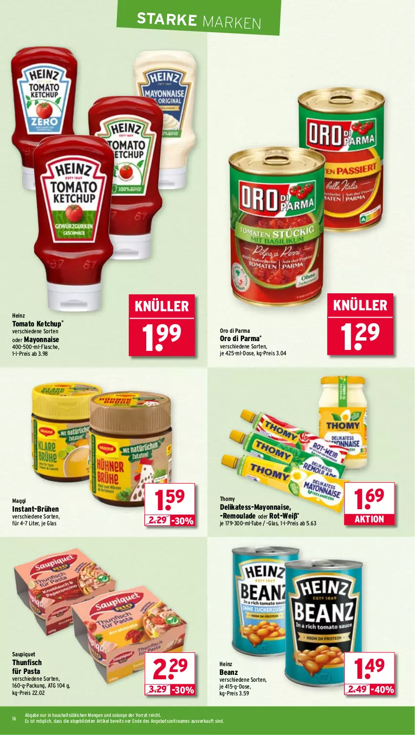 Aktueller Prospekt Wasgau - von 04.08 bis 09.08.2025 - strona 16 - produkty: angebot, beanz, Brühe, eis, fisch, flasche, heinz, ketchup, maggi, mayonnaise, oro di parma, pasta, reis, remoulade, saupiquet, thomy, thunfisch, Ti, tomato ketchup, Yo