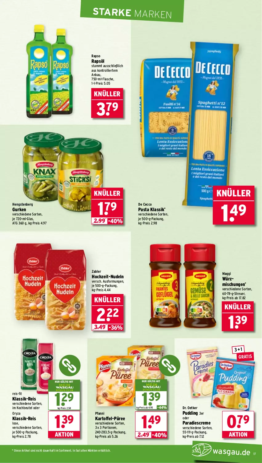 Aktueller Prospekt Wasgau - von 04.08 bis 09.08.2025 - strona 17 - produkty: auer, Bau, beutel, creme, De Cecco, Dr. Oetker, ecco, eis, flasche, gurke, gurken, hengstenberg, Hengstenberg Gurken, kartoffel, kochbeutel, maggi, nudel, nudeln, oryza, pasta, pfanni, pudding, püree, rapso, rapsöl, reis, reis-fit, Ti, trolli, Zabler