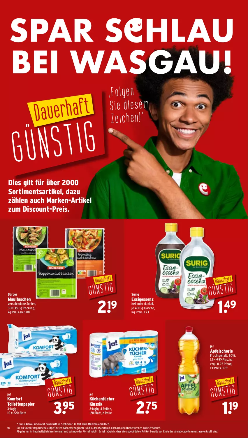 Aktueller Prospekt Wasgau - von 04.08 bis 09.08.2025 - strona 18 - produkty: angebot, angebote, apfel, Apfelschorle, auer, discount, eis, essig, flasche, frucht, küche, Küchen, küchentücher, maultaschen, papier, pet-flasche, reis, schorle, Tasche, taschen, Ti, toilettenpapier, tücher