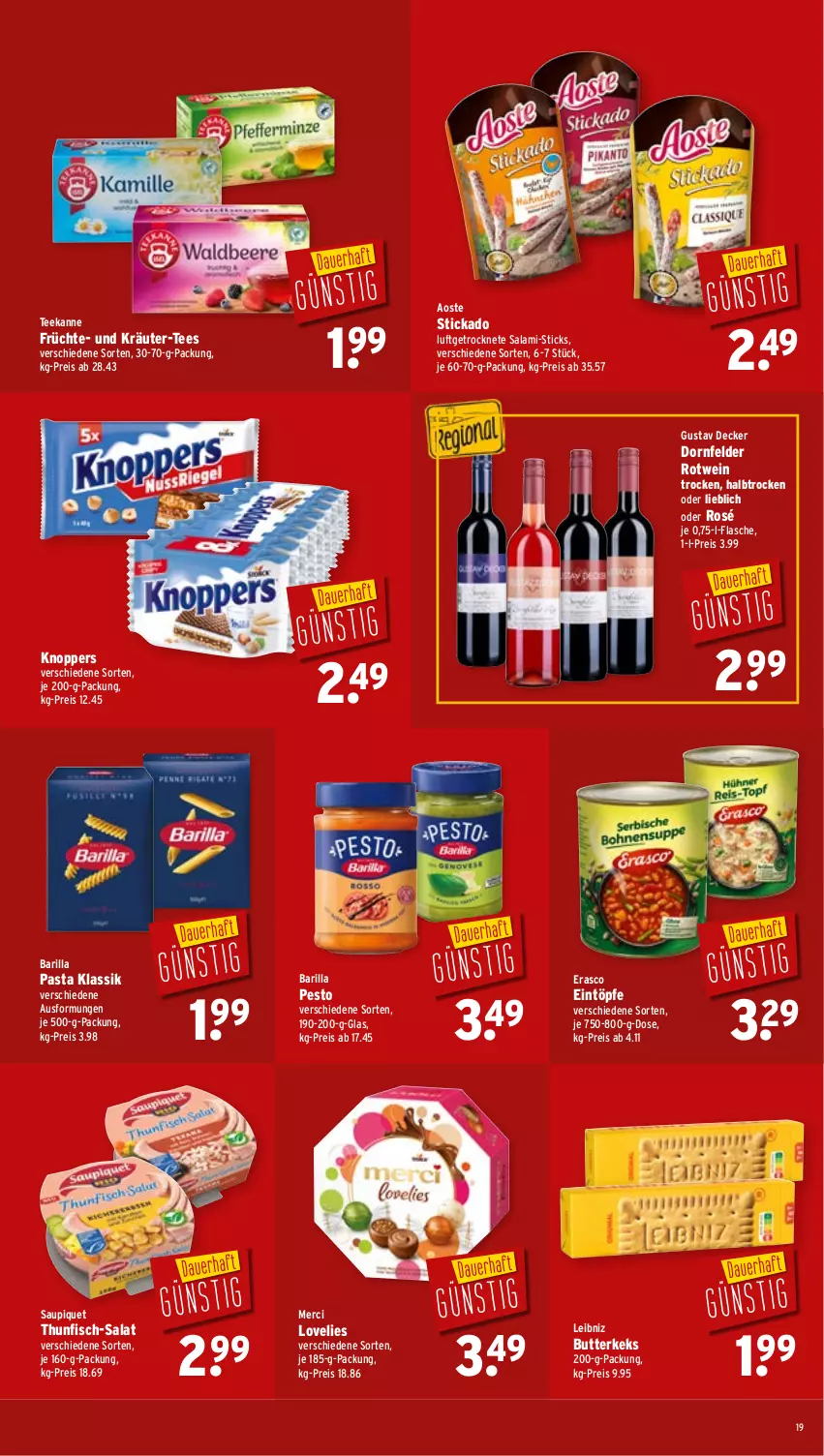 Aktueller Prospekt Wasgau - von 04.08 bis 09.08.2025 - strona 19 - produkty: aoste stickado, barilla, butter, butterkeks, decke, dornfelder, eintöpfe, eis, erasco, fisch, flasche, früchte, keks, knoppers, kräuter, leibniz, Luftgetrocknete Salami, merci, pasta, pesto, reis, rotwein, salami, salat, saupiquet, stickado, tee, teekanne, thunfisch, Ti, wein