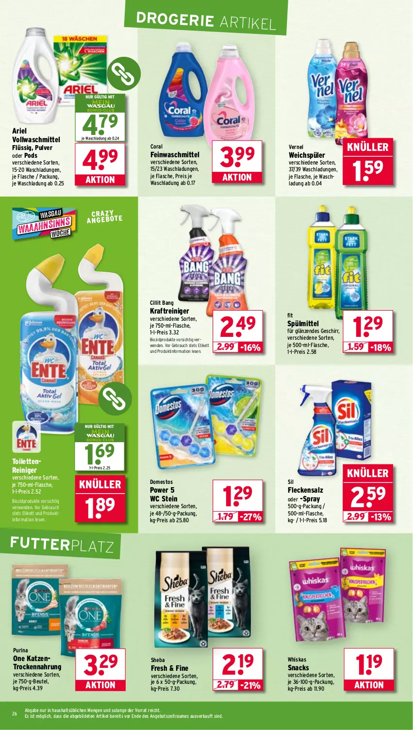 Aktueller Prospekt Wasgau - von 04.08 bis 09.08.2025 - strona 26 - produkty: angebot, ariel, beutel, bio, biozidprodukte, Cillit, cillit bang, Coral, domestos, eis, feinwaschmittel, flasche, geschirr, je 500-ml-flasche, kraft, Pods, purina, Rauch, reiniger, reis, rwe, salz, sheba, snack, snacks, spülmittel, Ti, Trockennahrung, vernel, vollwaschmittel, waschmittel, weichspüler, whiskas