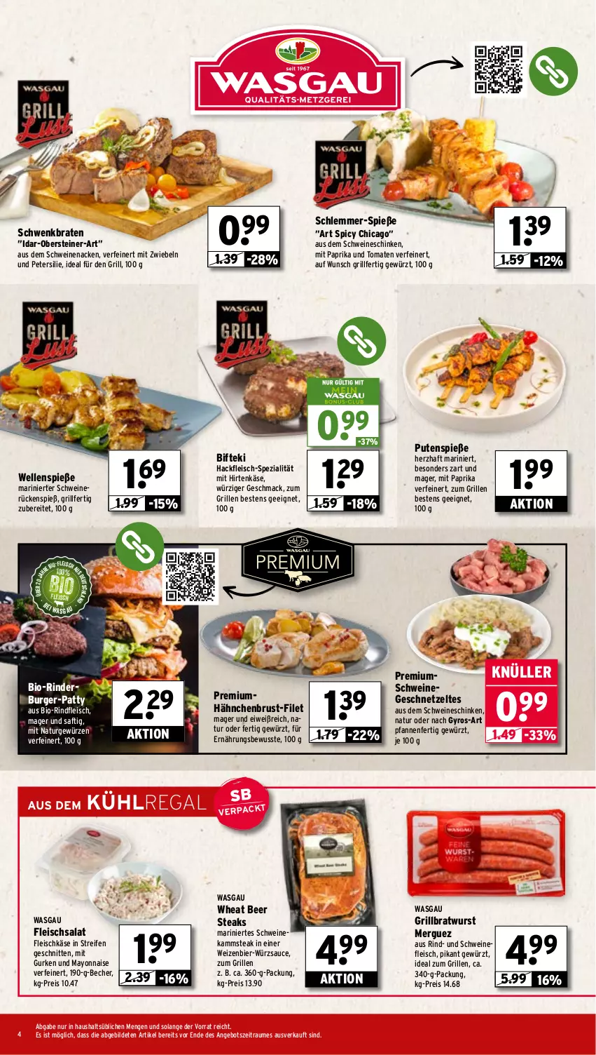 Aktueller Prospekt Wasgau - von 04.08 bis 09.08.2025 - strona 4 - produkty: angebot, Becher, bier, Bifteki, bio, bio-rindfleisch, braten, bratwurst, burger, eis, elle, filet, fleisch, fleischkäse, fleischsalat, geschnetzeltes, gewürz, grill, grillbratwurst, gurke, gurken, gyros, hackfleisch, hähnchenbrust, hirtenkäse, ideal zum grillen, Käse, kühlregal, mac, mayonnaise, mit paprika, mit zwiebeln, natur, paprika, petersilie, pfanne, pfannen, pute, regal, reifen, reis, rind, rinder, rindfleisch, saft, salat, sauce, schinken, schnitten, schwein, schweine, schweinefleisch, schweinenacken, schweinerücken, Spezi, steak, steaks, steiner, Ti, tomate, tomaten, wein, weine, wurst, würzsauce, Yo, Zelt, zwiebel, zwiebeln