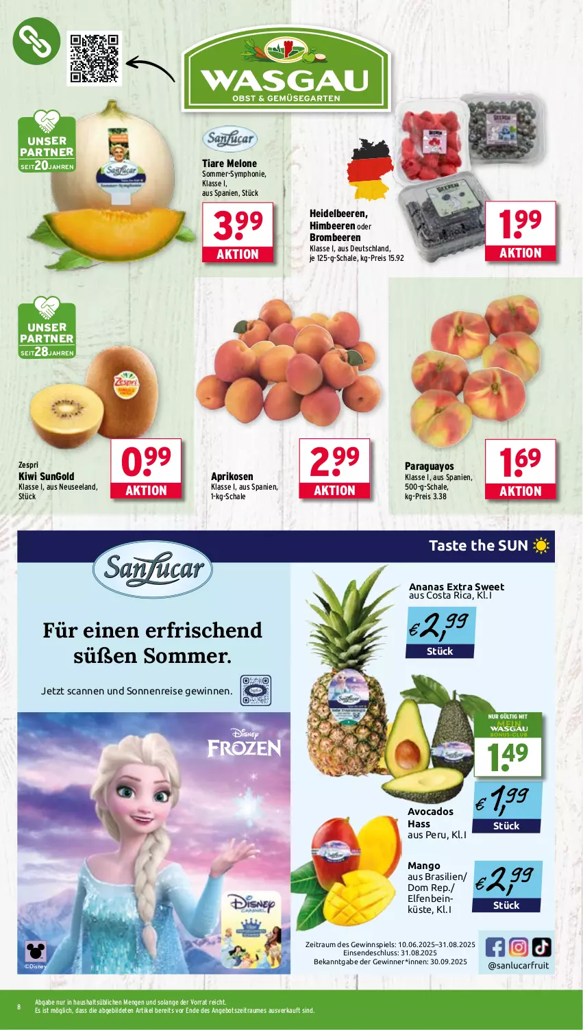 Aktueller Prospekt Wasgau - von 04.08 bis 09.08.2025 - strona 8 - produkty: ananas, angebot, aprikose, aprikosen, avocado, avocados, beere, beeren, brombeere, brombeeren, disney, eis, Elan, gewinnspiel, heidelbeere, heidelbeeren, himbeer, himbeere, himbeeren, kiwi, mango, melone, paraguayos, reis, Schal, Schale, Ti, Yo, zespri