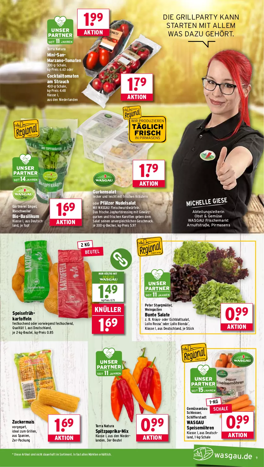 Aktueller Prospekt Wasgau - von 04.08 bis 09.08.2025 - strona 9 - produkty: Abtei, auer, basilikum, Bau, Becher, beutel, bio, bio-basilikum, bunte salate, cocktail, dressing, Eichblattsalat, eis, elle, fleisch, fleischwurst, Frühkartoffeln, Garten, gewürz, Gewürzgurke, gewürzgurken, grill, gurke, gurken, gurkensalat, ideal zum grillen, joghur, joghurt, karotten, kartoffel, kartoffeln, kräuter, kräutern, mac, mais, möhren, Müller, natur, natura, nudel, nudelsalat, obst, paprika, Rauch, reis, salat, salate, Schal, Schale, speisefrühkartoffeln, speisemöhren, Spitzpaprika, tee, Ti, tomate, tomaten, topf, wein, würfel, wurst, zucker, zuckermais