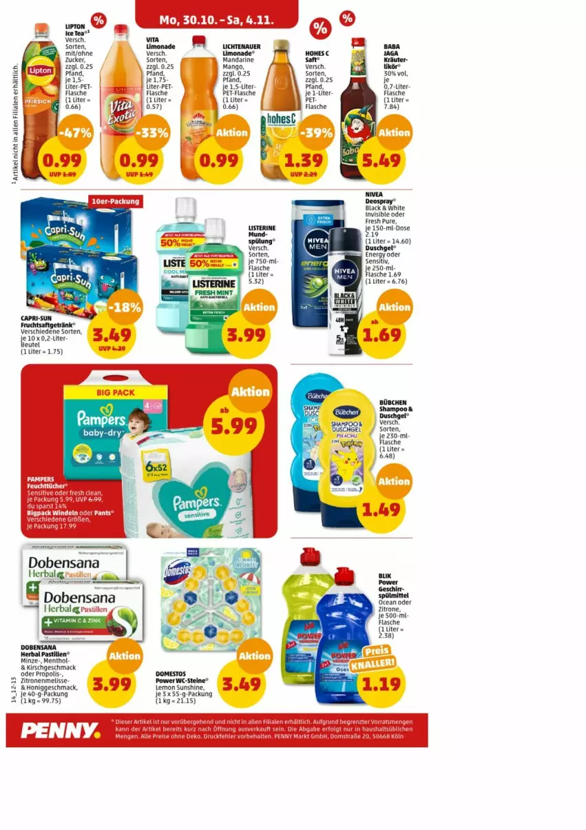 Aktueller Prospekt Penny - Prospekte - von 30.10 bis 04.11.2023 - strona 14 - produkty: asti, auer, deo, deospray, feuchttücher, flasche, getränk, kirsch, lack, LG, limo, limonade, mac, mandarine, mango, minze, Propolis, saft, sana, sunshine, Ti, tücher, WC-Steine, zitrone, zitronen