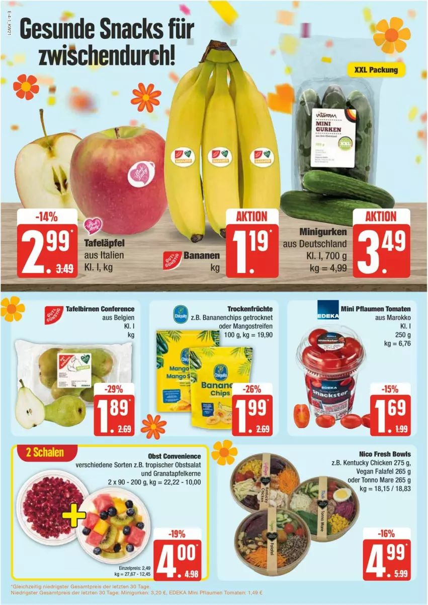 Aktueller Prospekt Edeka - Prospekte - von 20.05 bis 25.05.2024 - strona 4 - produkty: apfel, banane, bananen, Birnen, chips, eis, Falafel, früchte, grana, granatapfel, granatapfelkerne, gurke, gurken, LG, mango, mangos, obst, pflaume, pflaumen, Rana, reifen, reis, salat, snack, snacks, tafelbirnen, tomate, tomaten, Trockenfrüchte, tuc