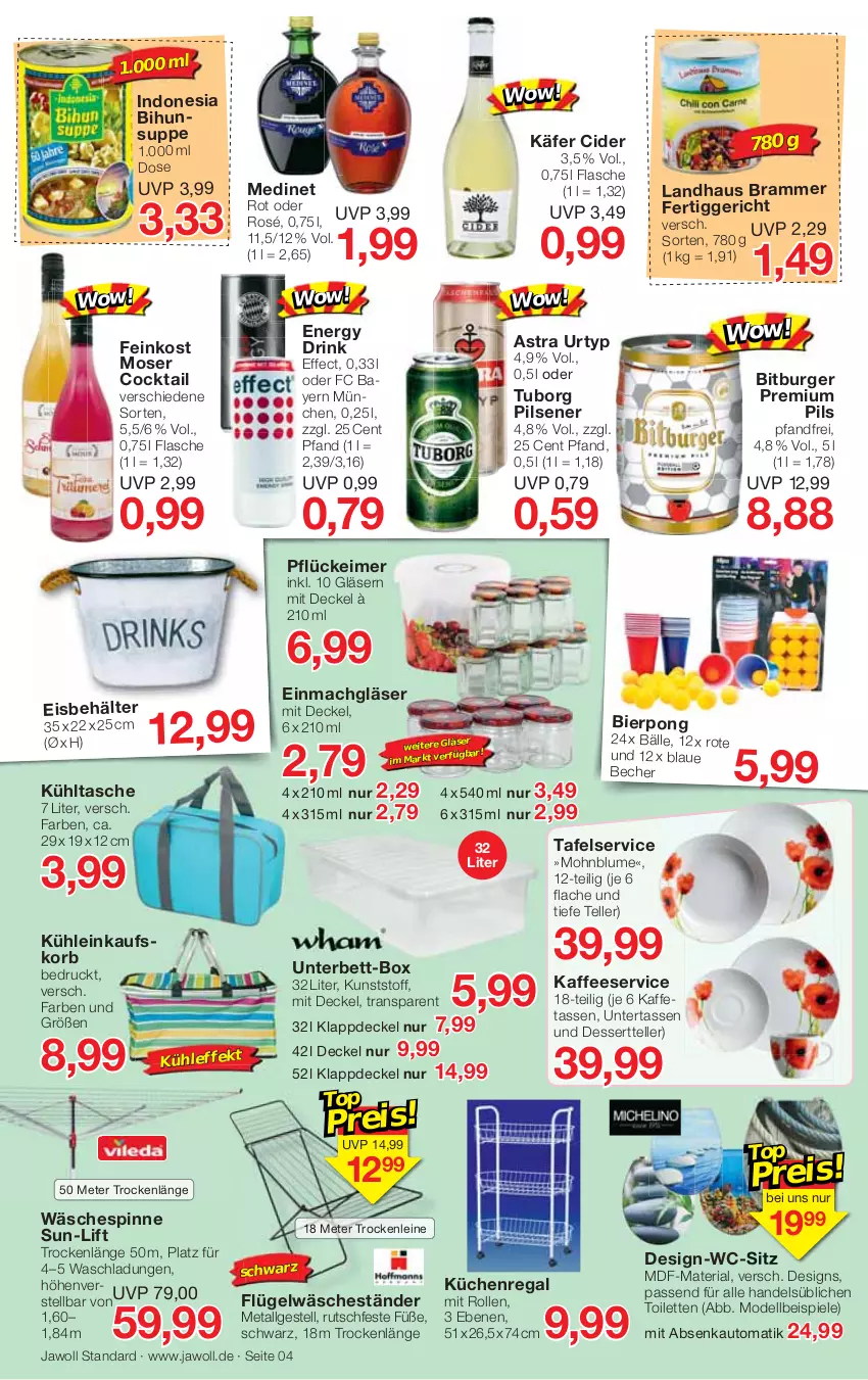 Aktueller Prospekt Jawoll - Prospekte - von 31.07 bis 06.08.2022 - strona 4 - produkty: Astra, auto, Becher, Behälter, bett, bier, bitburger, blume, burger, cider, cocktail, decke, Deckel, dell, dessert, Dessertteller, drink, Effect, eimer, einkaufskorb, eis, elle, energy drink, feinkost, fertiggericht, feta, flasche, Gläser, käfer, kaffee, korb, küche, Küchen, Küchenregal, kühltasche, leine, LG, mac, medinet, Mode, moser, passend für alle, pils, pilsener, premium pils, regal, Ria, Spiele, suppe, Tasche, tasse, teller, Ti, urtyp, wäschespinne, wc-sitz