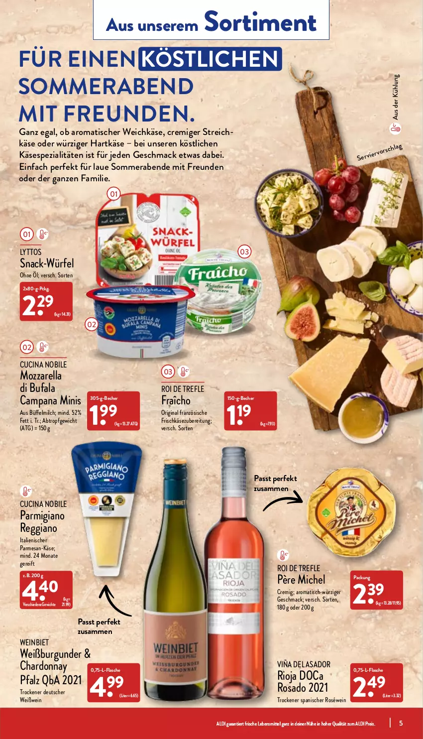 Aktueller Prospekt Aldi Nord - Aldi-Aktuell - von 25.07 bis 30.07.2022 - strona 5 - produkty: aldi, Becher, burgunder, chardonnay, cin, di bufala, eis, flasche, frischkäse, frischkäsezubereitung, gin, hartkäse, Käse, lebensmittel, mac, milch, mozzarella, parmigiano, parmigiano reggiano, reggiano, reis, rel, rioja, roséwein, snack, Spezi, Ti, tisch, weichkäse, wein, Weißburgunder, Weißwein, würfel