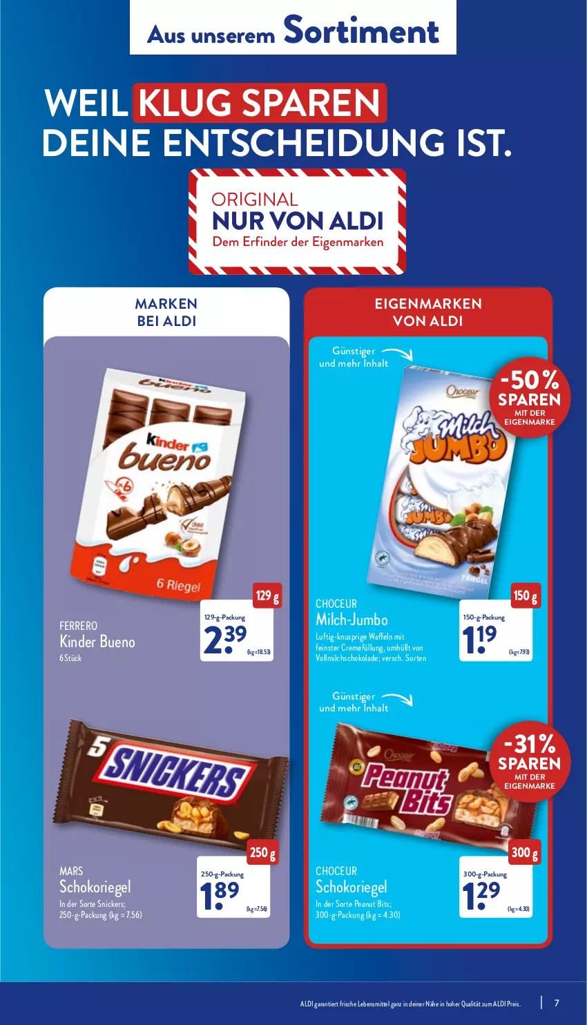 Aktueller Prospekt Aldi Nord - Aldi-Aktuell - von 25.07 bis 30.07.2022 - strona 7 - produkty: aldi, creme, eis, ferrero, jumbo, Kinder, kinder bueno, lebensmittel, mars, milch, reis, riegel, schoko, schokolade, schokoriegel, snickers, Ti, vollmilch, waffeln