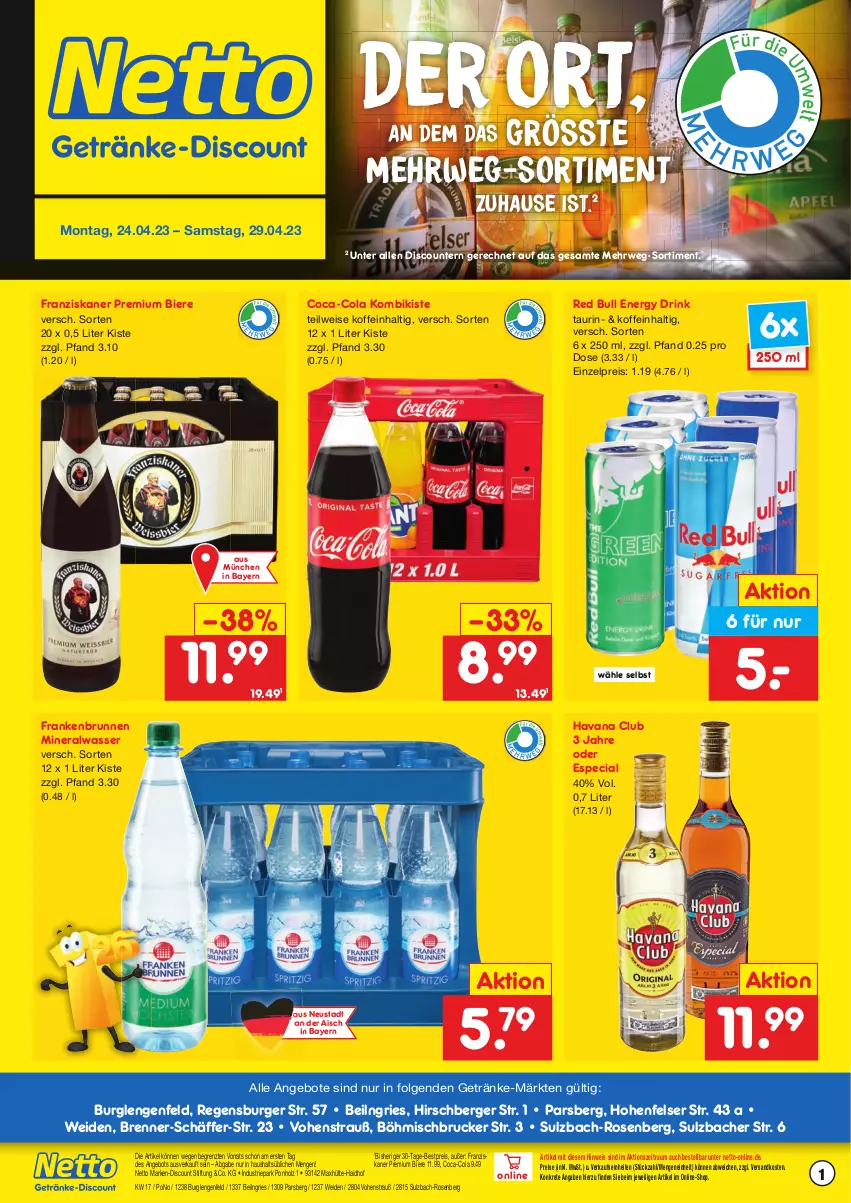 Aktueller Prospekt Netto Marken-Discount - Getränkemarkt in deiner Nähe - von 15.03.2021 bis 29.04.2023 - strona 1 - produkty: adelholzener, Alwa, angebot, angebote, Berger, bestpreis, bier, Biere, brunnen, burger, coca-cola, cola, discount, drink, eis, energy drink, franziskaner, getränk, getränke, Havana Club, Holz, LG, marken-discount, mineralwasser, ndk, red bull, regensburger, reis, rosen, rwe, Ti, wasser, ZTE