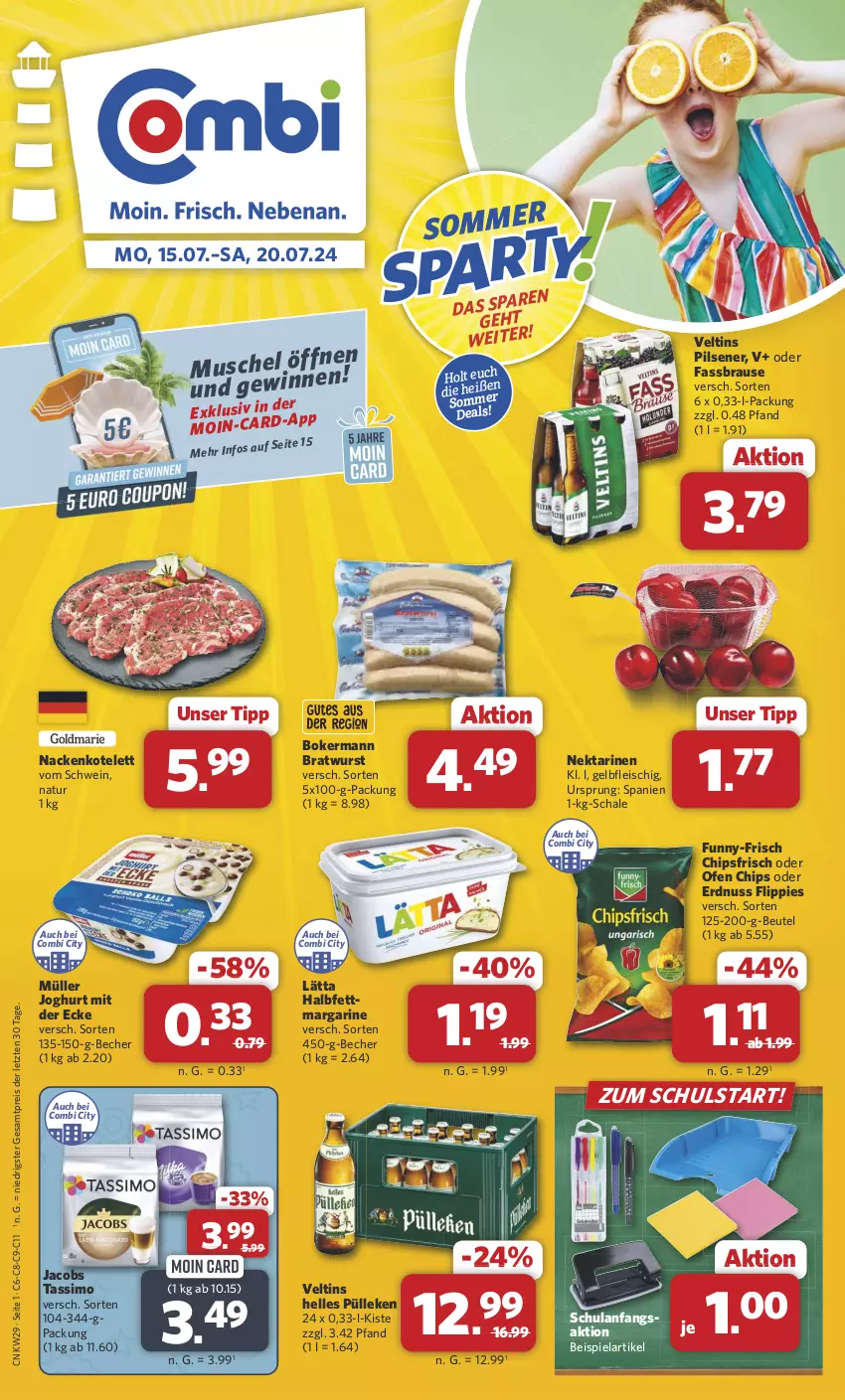 Aktueller Prospekt Combi - Prospekte - von 15.07 bis 20.07.2024 - strona 1 - produkty: Becher, beutel, bratwurst, brause, chips, chipsfrisch, eis, elle, erdnuss, fassbrause, fleisch, flippies, funny-frisch, halbfettmargarine, jacobs, jacobs tassimo, joghur, joghurt, joghurt mit der ecke, kotelett, lätta, margarine, Müller, natur, Nektar, nektarinen, nuss, Ofen, pils, pilsener, reis, Schal, Schale, schwein, sim, tassimo, Ti, veltins, veltins pilsener, wein, wurst, ZTE