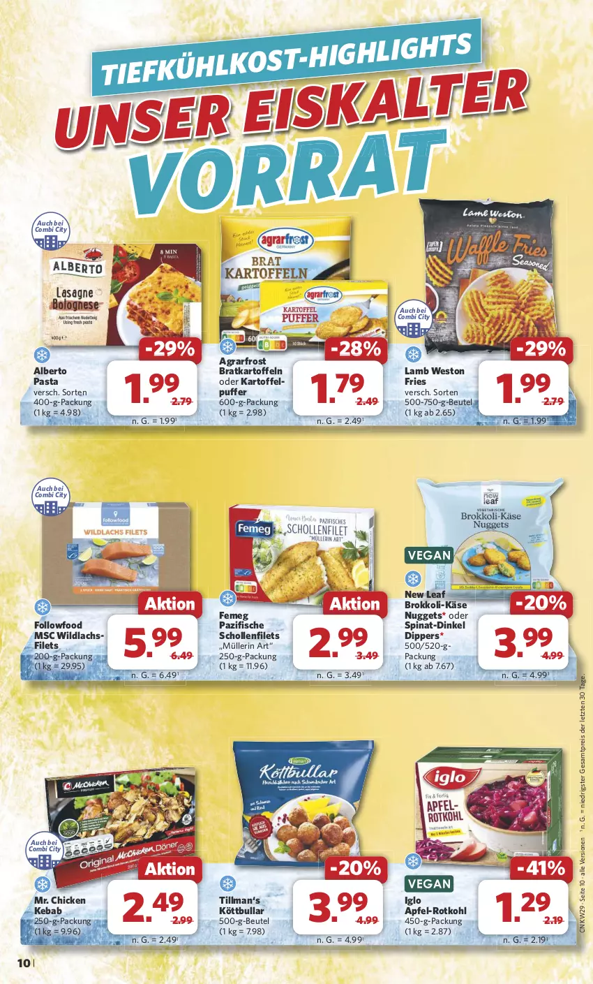 Aktueller Prospekt Combi - Prospekte - von 15.07 bis 20.07.2024 - strona 11 - produkty: agrarfrost, apfel, beutel, brokkoli, dip, eis, femeg, filet, filets, fisch, fische, iglo, kartoffel, kartoffeln, kartoffelpuffer, Käse, Köttbullar, lachs, lachsfilet, lachsfilets, Müller, müllerin art, nuggets, pasta, reis, rotkohl, scholl, Schollenfilets, spinat, Ti, Wild, wildlachs, ZTE