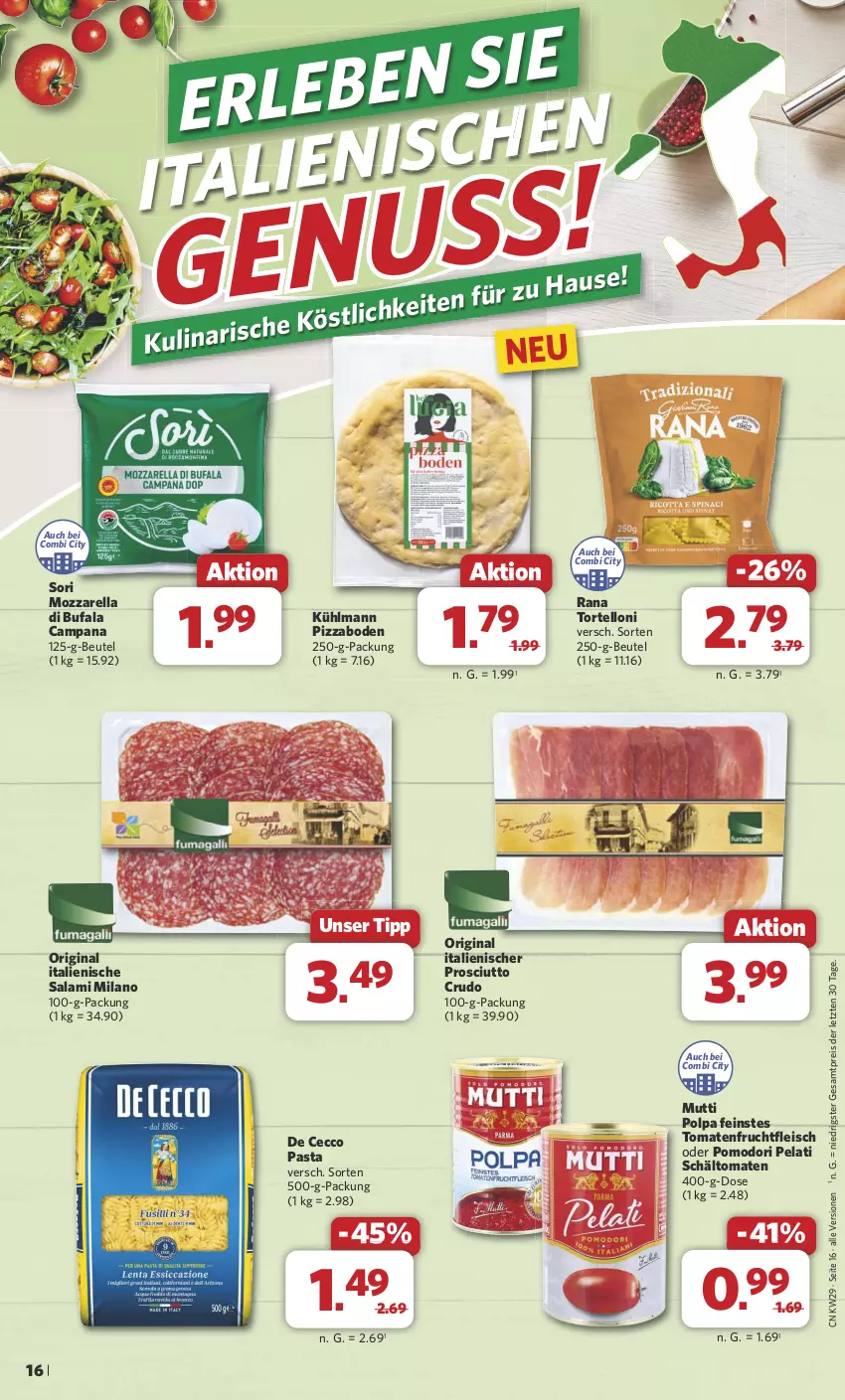 Aktueller Prospekt Combi - Prospekte - von 15.07 bis 20.07.2024 - strona 17 - produkty: beutel, De Cecco, di bufala, ecco, eis, fleisch, frucht, fruchtfleisch, gin, kühlmann, mozzarella, Mutti, pasta, pizza, prosciutto, prosciutto crudo, Rana, reis, rel, salami, Ti, tomate, tomaten, torte, tortelloni, ZTE