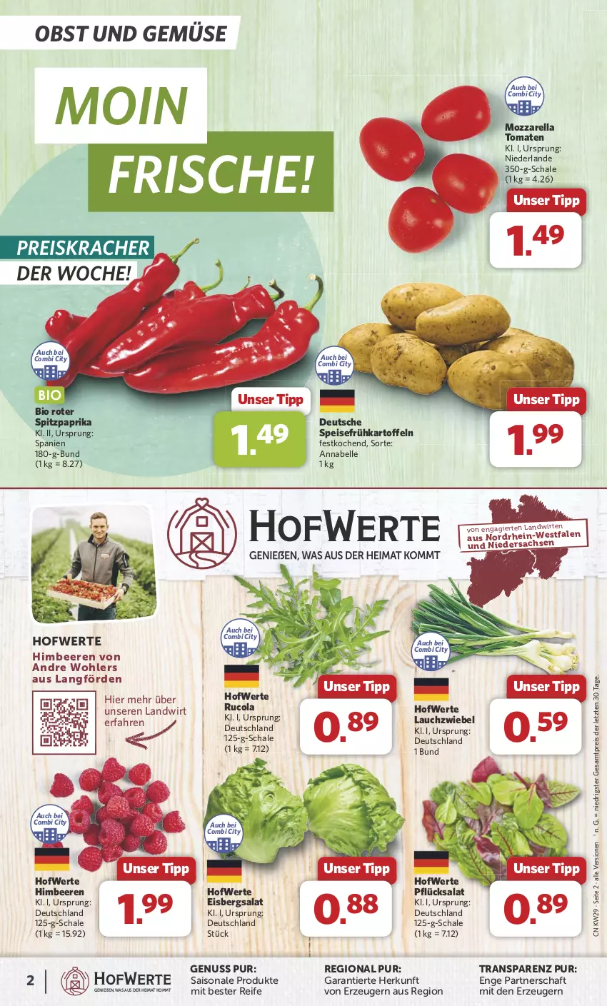 Aktueller Prospekt Combi - Prospekte - von 15.07 bis 20.07.2024 - strona 2 - produkty: beere, beeren, bio, cola, eis, eisbergsalat, elle, Frühkartoffeln, himbeer, himbeere, himbeeren, kartoffel, kartoffeln, kracher, Lauchzwiebel, mozzarella, nuss, obst, Obst und Gemüse, paprika, reis, rel, rucola, sac, salat, Schal, Schale, speisefrühkartoffeln, Spitzpaprika, Ti, tomate, tomaten, und gemüse, ZTE, zwiebel