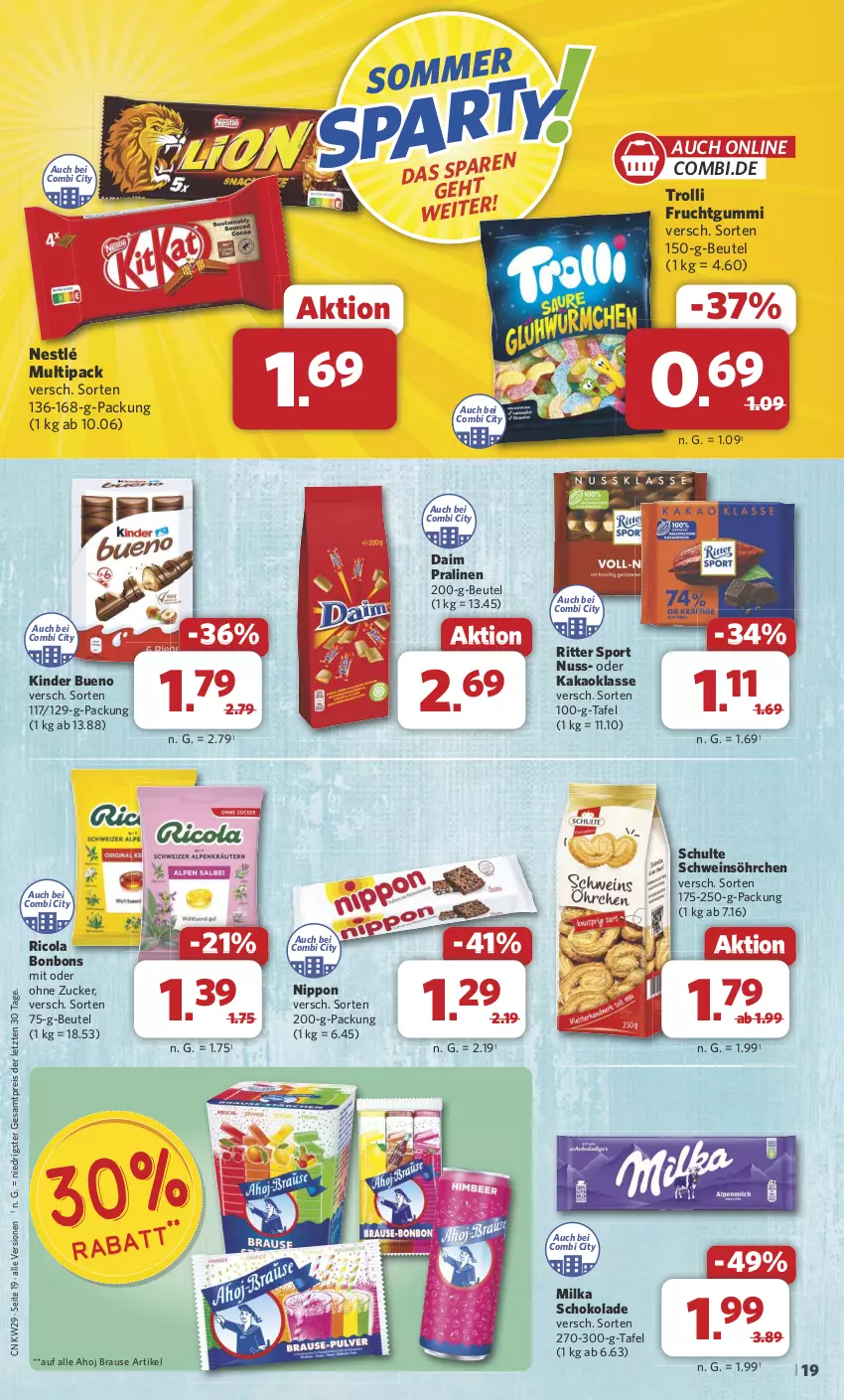 Aktueller Prospekt Combi - Prospekte - von 15.07 bis 20.07.2024 - strona 20 - produkty: beutel, bonbons, brause, cola, daim, eis, frucht, fruchtgummi, kakao, Kinder, kinder bueno, milka, milka schokolade, nestlé, nippon, nuss, pralinen, reis, Ricola, ritter, ritter sport, schoko, schokolade, schwein, Sport, Ti, trolli, trolli fruchtgummi, wein, ZTE, zucker