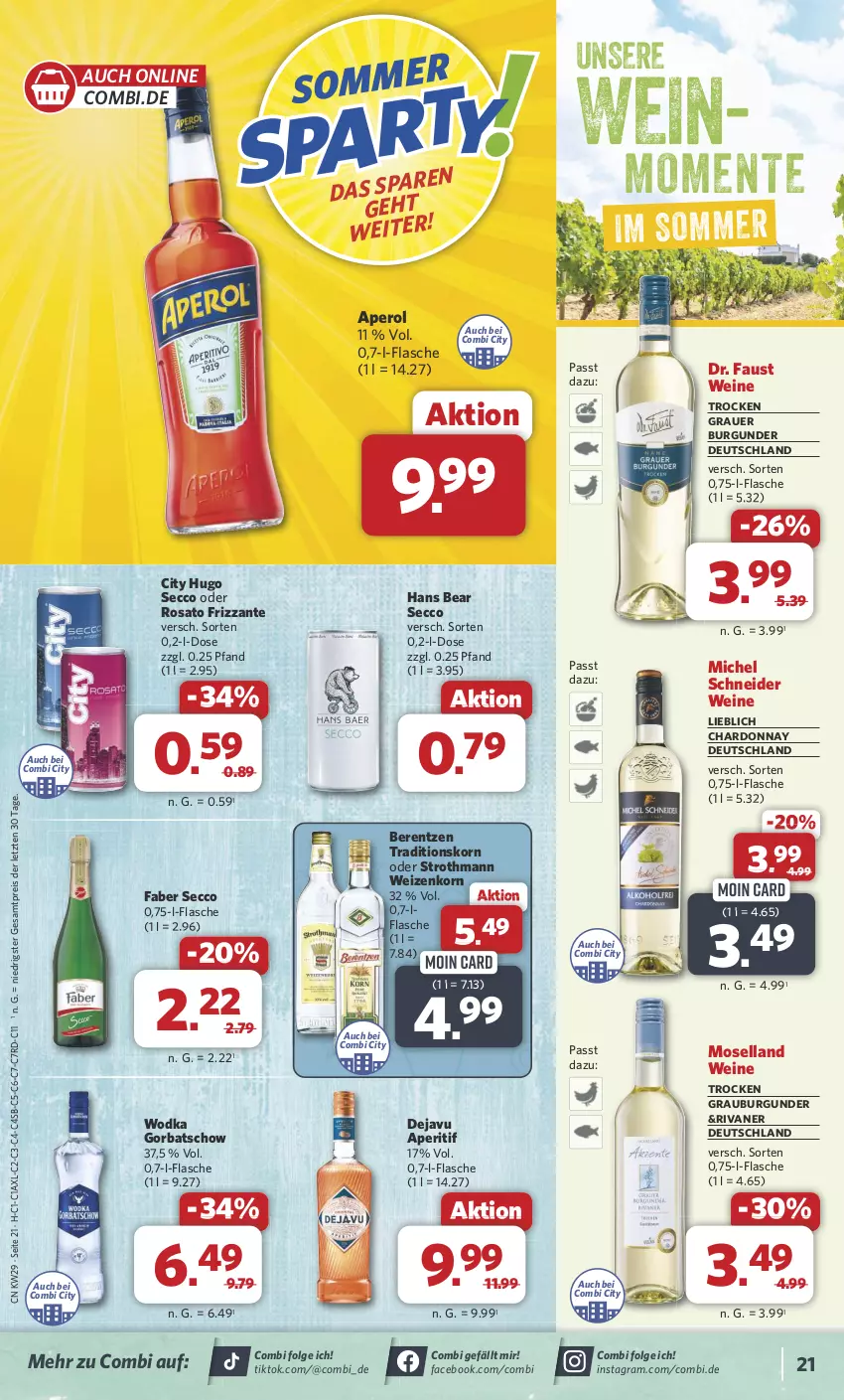 Aktueller Prospekt Combi - Prospekte - von 15.07 bis 20.07.2024 - strona 22 - produkty: aperitif, aperol, auer, aust, berentzen, burgunder, chardonnay, ecco, eis, ente, flasche, frizzante, Gorbatschow, grauburgunder, grauer burgunder, hugo, korn, LG, Michel Schneider, moselland, reis, Rivaner, rosato, Ti, wein, weine, weizenkorn, wodka, ZTE