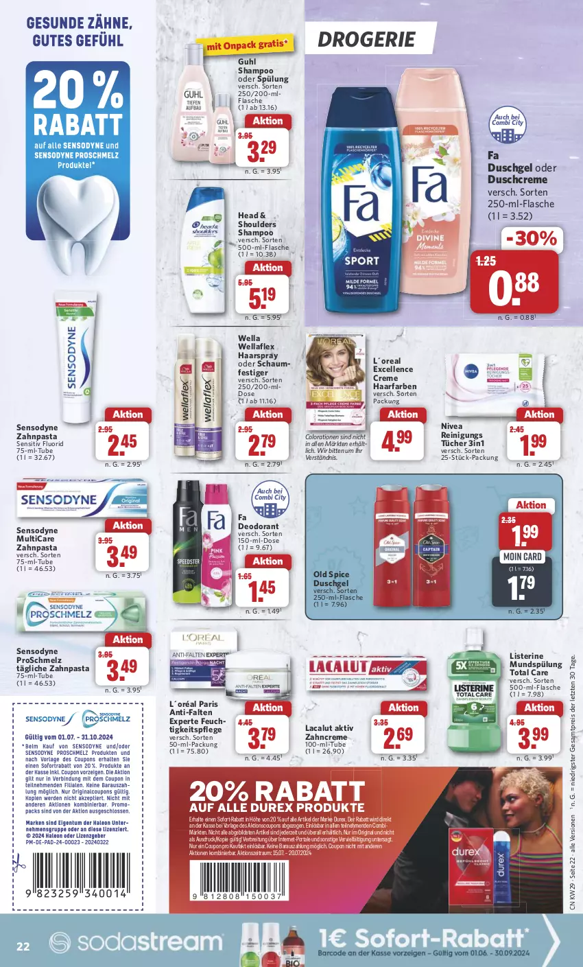 Aktueller Prospekt Combi - Prospekte - von 15.07 bis 20.07.2024 - strona 23 - produkty: anti-falten experte, Brei, Colorationen, coupon, coupons, creme, deo, deodorant, Durex, duschcreme, duschgel, eis, elle, fa duschgel, feuchtigkeitspflege, flasche, gin, Guhl, haarspray, L´Oréal, Lacalut, listerine, mundspülung, nivea, oder schaumfestiger, Old Spice, pasta, Reinigung, reis, schaumfestiger, sensodyne, shampoo, shampoo oder spülung, sofort-rabatt, spülung, Ti, total care, tücher, Wella, wellaflex, zahncreme, zahnpasta, ZTE