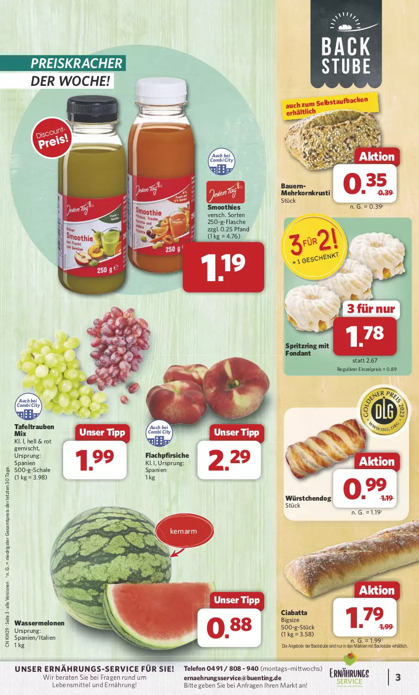 Aktueller Prospekt Combi - Prospekte - von 15.07 bis 20.07.2024 - strona 3 - produkty: angebot, angebote, auer, Bau, Bauer, ciabatta, eis, flasche, HP, korn, kracher, lebensmittel, melone, melonen, pfirsich, pfirsiche, reis, ring, Schal, Schale, smoothie, smoothies, stube, tafeltrauben, telefon, Ti, trauben, wasser, wassermelone, wassermelonen, würstchen, ZTE