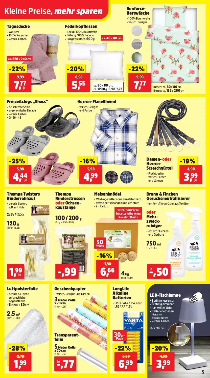 Aktueller Prospekt Thomas Philipps - von 18.08 bis 23.08.2025 - strona 5 - produkty: aust, batterie, batterien, Bau, baumwolle, bett, bettwäsche, Clogs, decke, eis, Geschenkpapier, hemd, kissen, Knödel, kopfkissen, Lampe, leine, LG, longlife, Meisenknödel, papier, reiniger, reis, rind, rinder, tagesdecke, Ti, tisch, Tischlampe, Vogelfutter, weck, Wild, wolle
