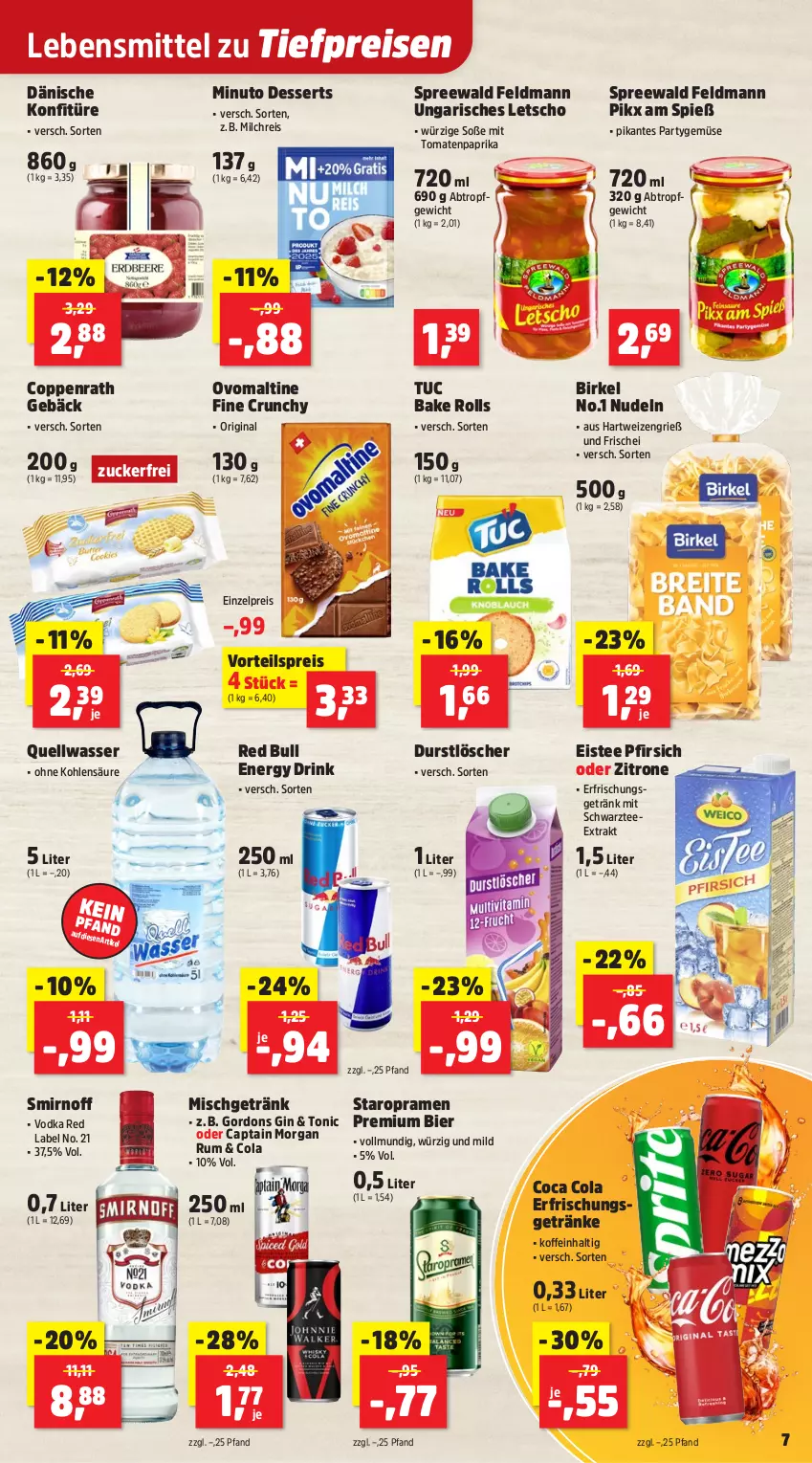 Aktueller Prospekt Thomas Philipps - von 18.08 bis 23.08.2025 - strona 7 - produkty: bier, birkel, Cap, captain morgan, cola, coppenrath, Coppenrath Gebäck, dessert, desserts, drink, durstlöscher, eis, eistee, energy drink, erfrischungsgetränk, erfrischungsgetränke, getränk, getränke, gin, gordon, gordons, hartweizen, konfitüre, lebensmittel, Letscho, milch, milchreis, nudel, nudeln, ovomaltine, paprika, pfirsich, red bull, reis, rum, smirnoff, Soße, Staropramen, tee, Ti, tiefpreis, tomate, tomaten, tonic, tuc, vodka, vorteilspreis, wasser, zitrone, ZTE, zucker