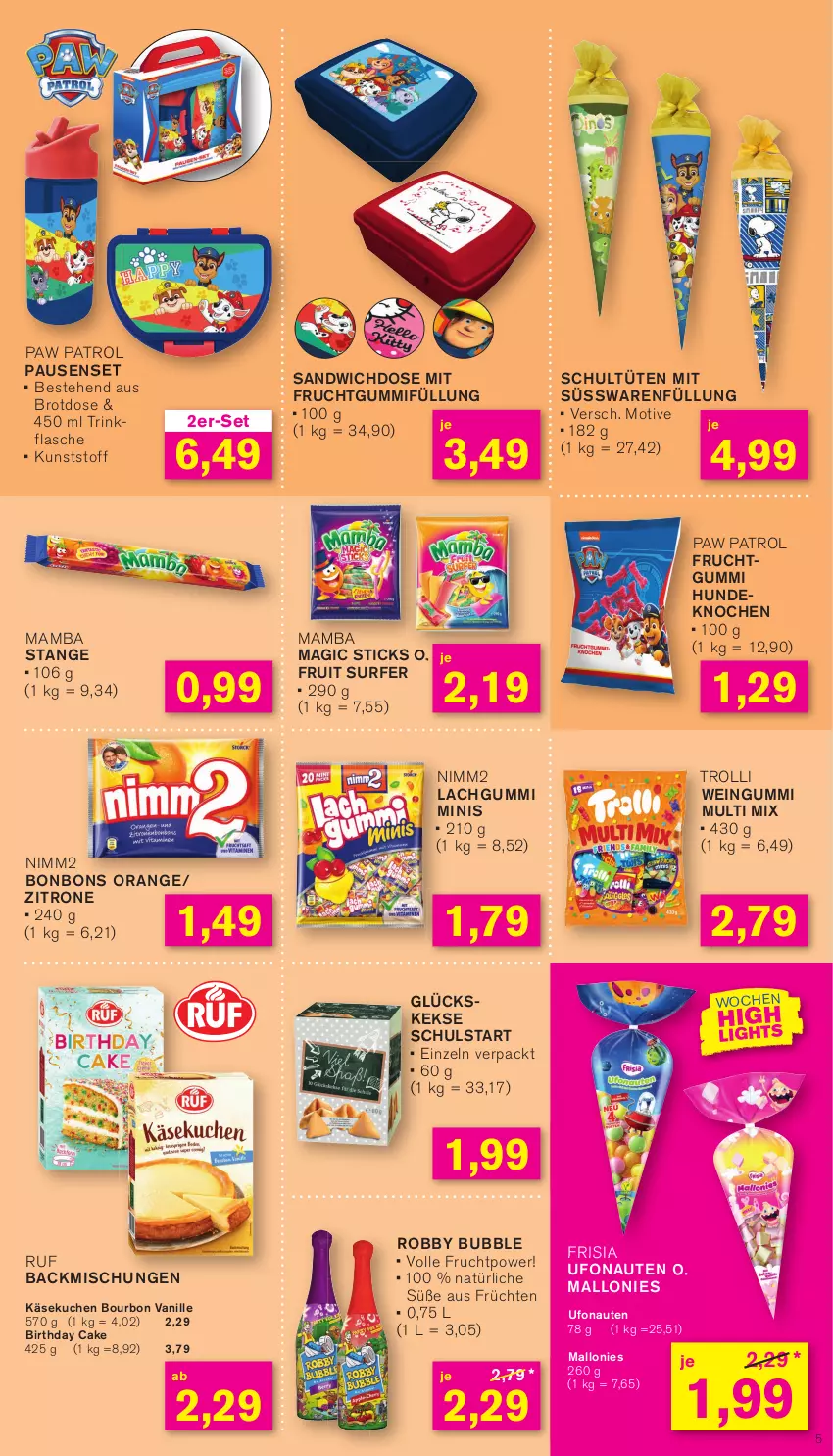 Aktueller Prospekt Kodi - Prospekte - von 12.08 bis 17.08.2024 - strona 5 - produkty: backmischung, Backmischungen, bonbons, bourbon, bourbon vanille, brot, Brotdose, flasche, frucht, früchte, früchten, fruchtgummi, Käse, käsekuchen, keks, kekse, kuchen, lachgummi, mam, mit frucht, nimm2, orange, Paw Patrol, robby, sandwich, Schultüten, Surf, süsswaren, Ti, trinkflasche, trolli, Tüte, vanille, wein, zitrone