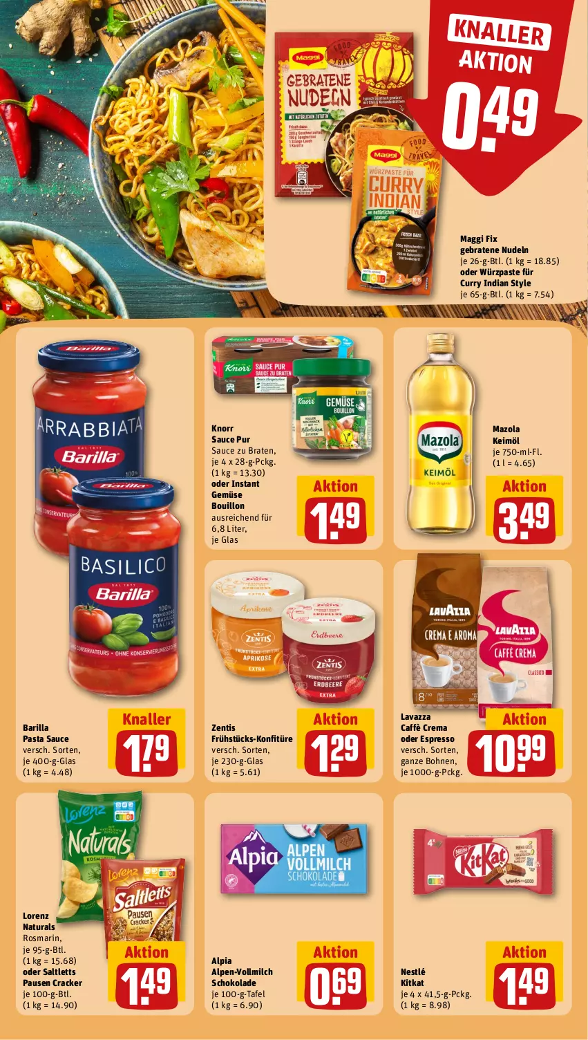 Aktueller Prospekt Rewe - Prospekte - von 29.01 bis 03.02.2024 - strona 12 - produkty: alpia, barilla, bohne, bohnen, braten, caffè crema, cracker, curry, espresso, keimöl, kitkat, knorr, konfitüre, lavazza, lorenz, maggi, maggi fix, mazola, milch, natur, natura, nestlé, nudel, nudeln, oder espresso, pasta, Pasta Sauce, rosmarin, saltletts, sauce, schoko, schokolade, Ti, vollmilch, zentis