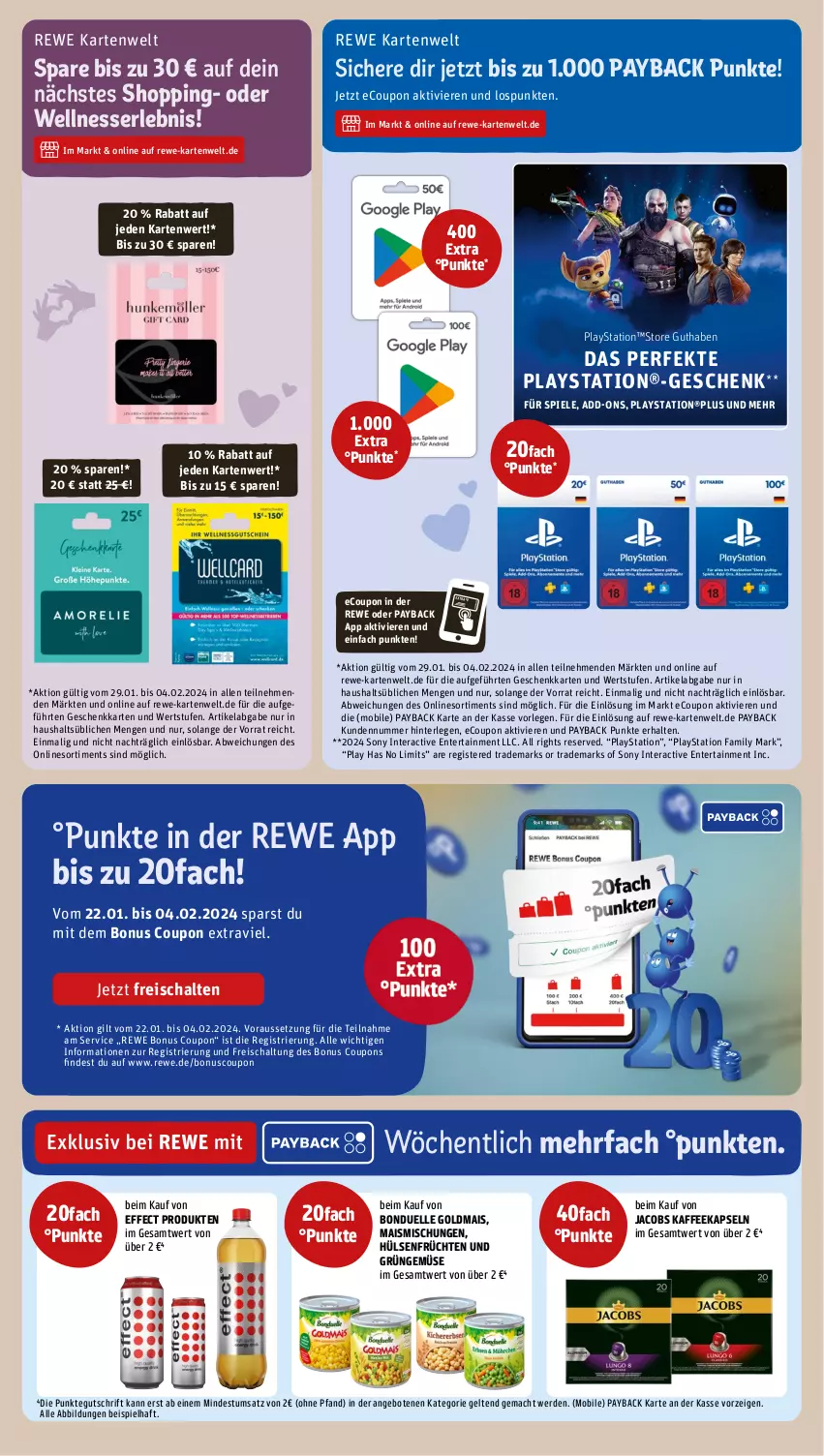 Aktueller Prospekt Rewe - Prospekte - von 29.01 bis 03.02.2024 - strona 15 - produkty: angebot, angebote, bonduelle, bonduelle goldmais, coupon, coupons, Effect, eis, elle, ente, erde, früchte, früchten, Goldmais, hülsenfrüchte, jacobs, kaffee, kaffeekapseln, lays, mac, mais, payback, PlayStation, reis, Schal, senf, sony, Spiele, Ti