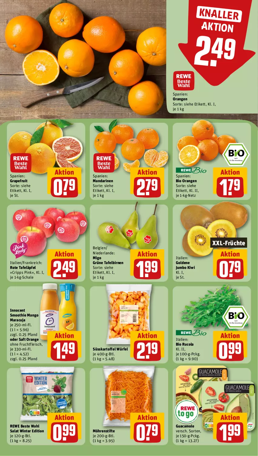 Aktueller Prospekt Rewe - Prospekte - von 29.01 bis 03.02.2024 - strona 4 - produkty: bio, Birnen, cola, eis, fleisch, frucht, früchte, fruchtfleisch, grapefruit, guacamole, Innocent, jumbo, kartoffel, kiwi, LG, mandarine, mandarinen, mango, maracuja, möhren, orange, orangen, rewe beste wahl, rote tafeläpfel, rucola, saft, salat, Schal, Schale, smoothie, stifte, tafeläpfel, tafelbirnen, Ti, würfel