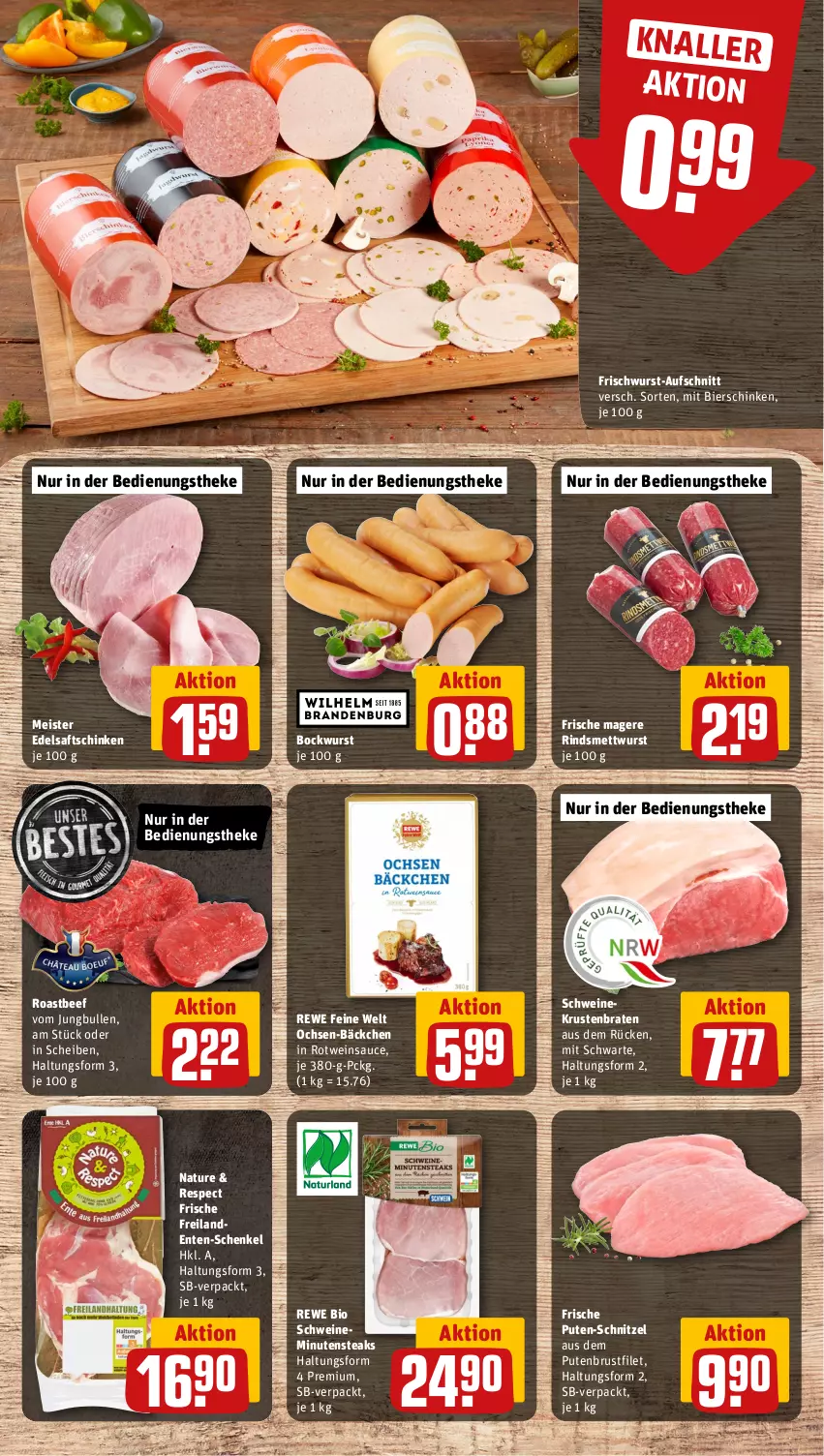 Aktueller Prospekt Rewe - Prospekte - von 29.01 bis 03.02.2024 - strona 8 - produkty: aufschnitt, beef, bier, bierschinken, bio, bockwurst, braten, brustfilet, Edelsaftschinken, eis, ente, filet, frischwurst-aufschnitt, henkel, jungbullen, krustenbraten, Meister, Mett, mettwurst, minutensteaks, natur, pute, putenbrust, putenbrustfilet, rewe bio, rewe feine welt, rind, roastbeef, rotwein, saft, saftschinken, sauce, schenkel, schinken, schnitzel, schwein, schweine, steak, steaks, Ti, wein, weine, wurst